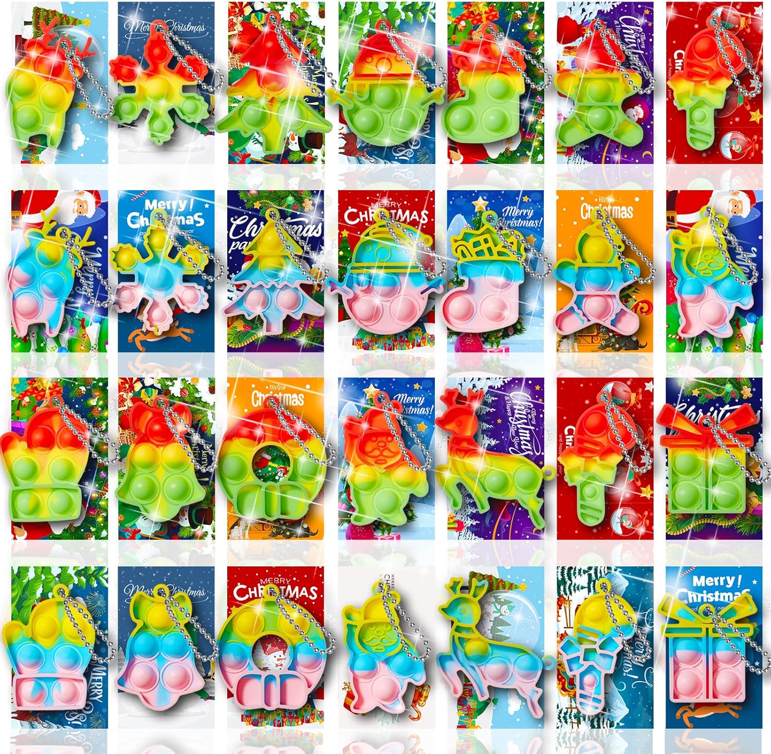 TOANWOD 30 PCS Christmas Stocking Fillers Eve Box Fillers: Christmas Gifts Party Bag Fillers for Kids - Christmas Fidget Toys - Xmas Class Prize Multi-Item Party Favour Packs (30Keyring + 30Cards)