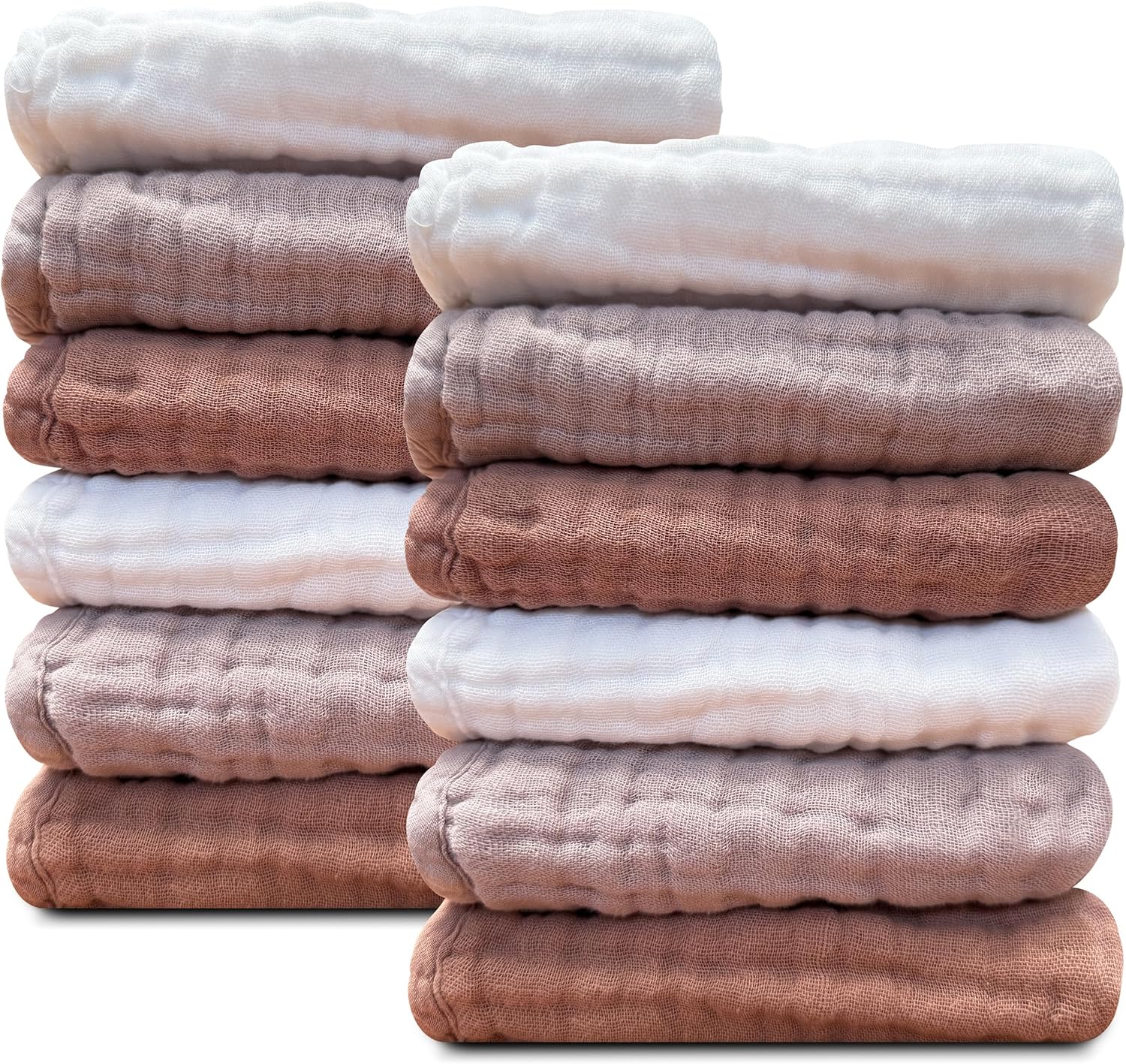 Sunny zzzZZ Baby Muslin Washcloths -100% Cotton Muslin Soft Absorbent Large Baby Bath Wash Cloths for Newborns Kids Girls and Boys -12 Pack, 12x12 Inches - White+Light Bean Paste Series