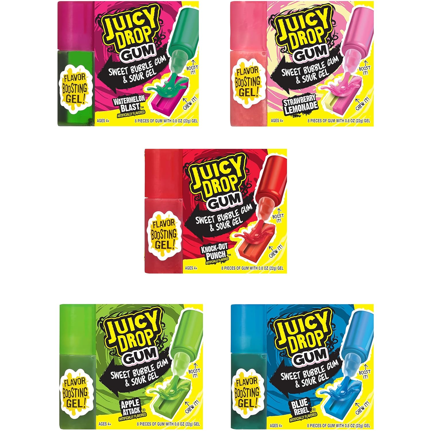 Juicy Drop Gum Sweet Bubble Gum 8 Count Pack of 16 with Sour Gel Applicator - Sweet & Sour Candy Variety in Assorted Fruity Flavors - Fun For Birthdays, Parties, And Celebrations