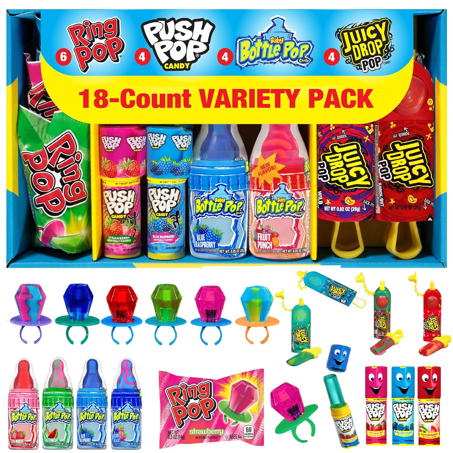 Candy Variety Pack, 18 Count Assorted Lollipops, Bulk Individually Wrapped Ring Pop, Push Pop, Baby Bottle Pop & Juicy Drop, Ideal for Birthdays, Party Favors for Kids & Hard Candy Gifts
