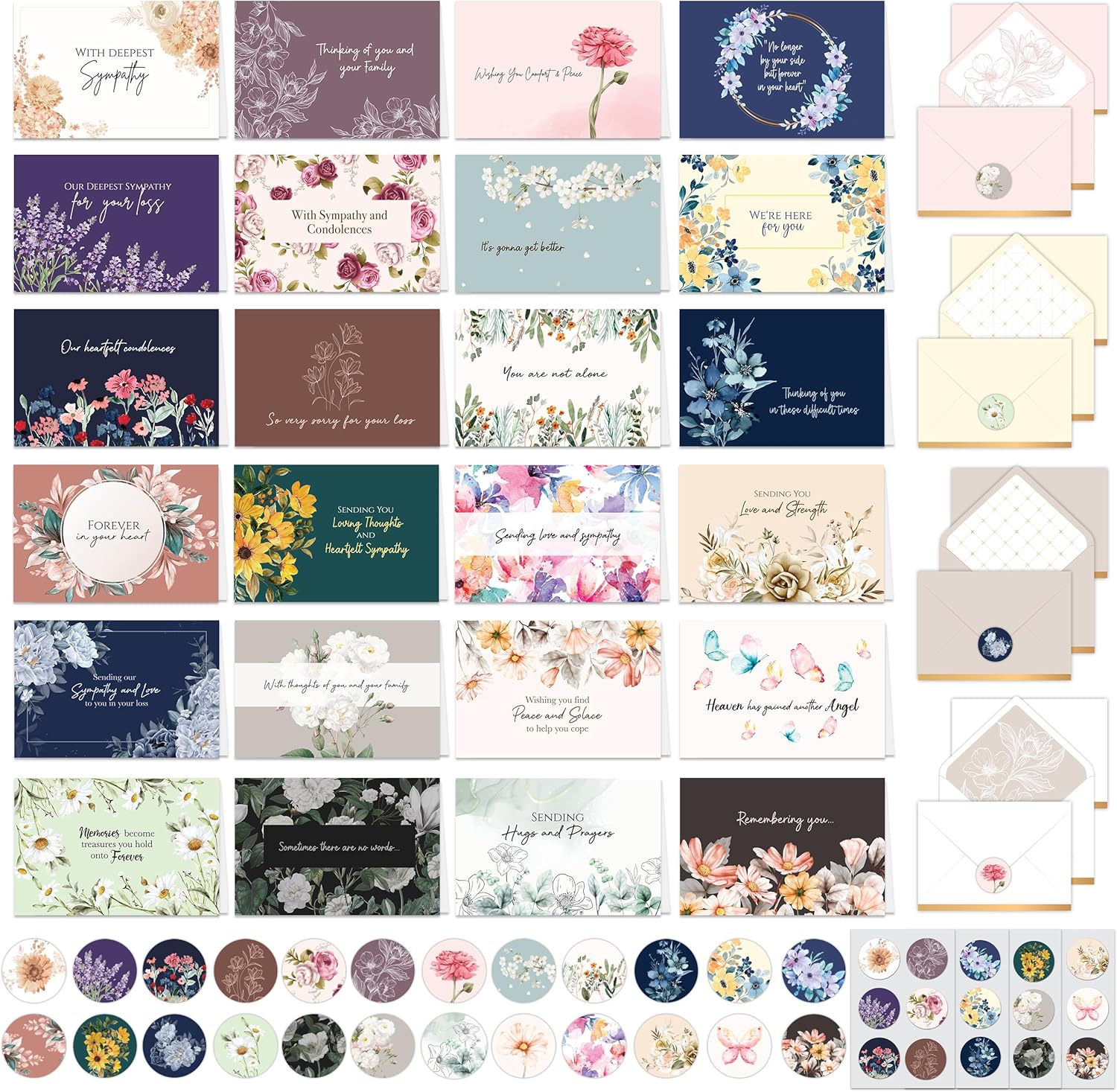 Decorably 24 Pack 6x4in Assorted Sympathy Cards with Envelopes and Stickers, 24 Unique Designs Get Well and Sympathy Cards Assortment Box with Envelopes with Printed Message Inside