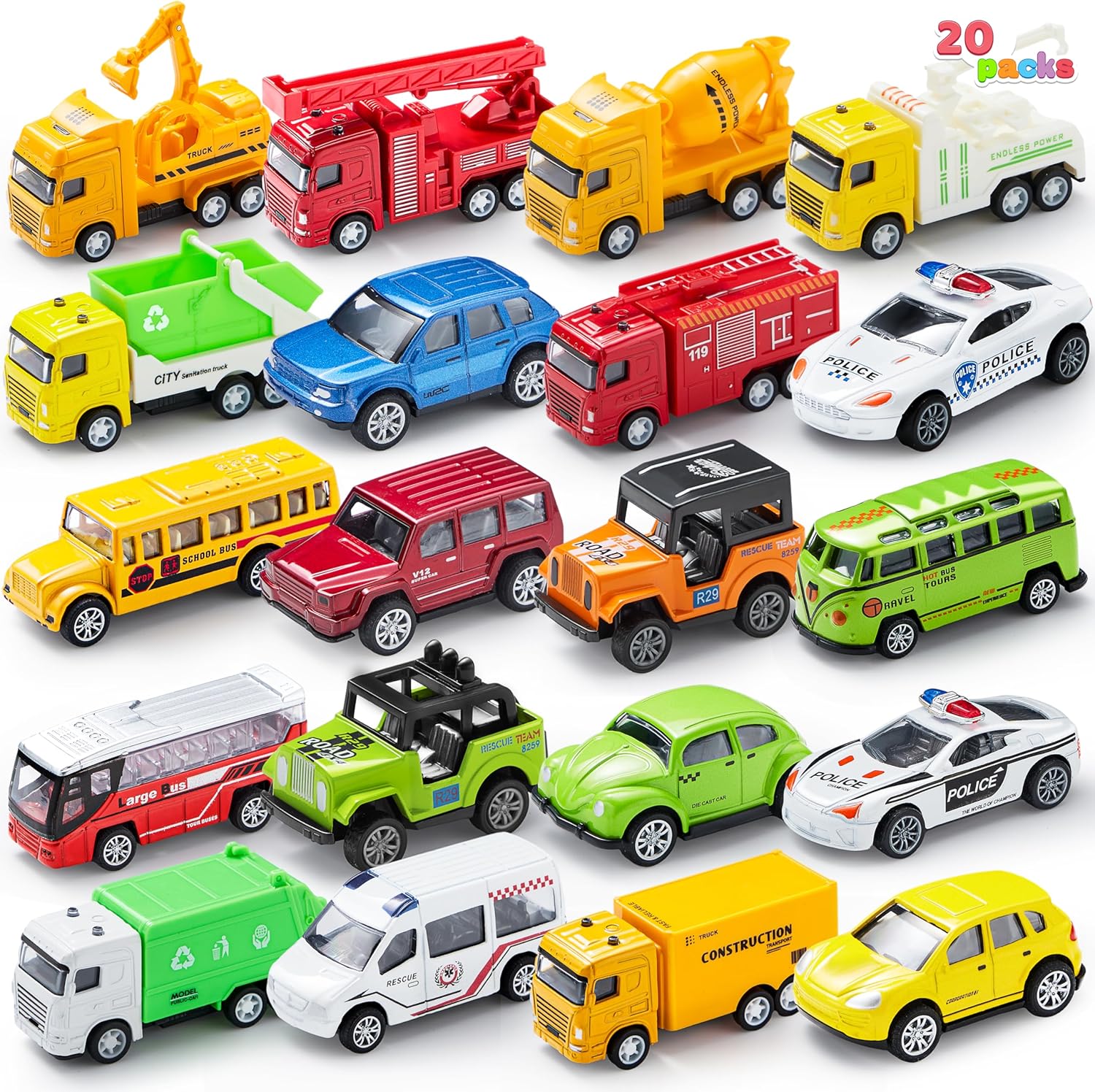 JOYIN 20 Piece Pull Back Die Cast Metal Toy Car Model Vehicle Set for Toddlers Toy Cars for 2 year olds Girls and Boys Kids Play vehicles Car Set