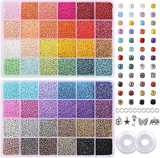 Quefe 44000pcs 2mm Glass Seed Beads for Bracelet Making Kit, 48 Colors Small Beads, Craft Beads Kit for Jewelry Making, with 2 Storage Boxes, Charms, Jump Rings and Clear Elastic String Cord
