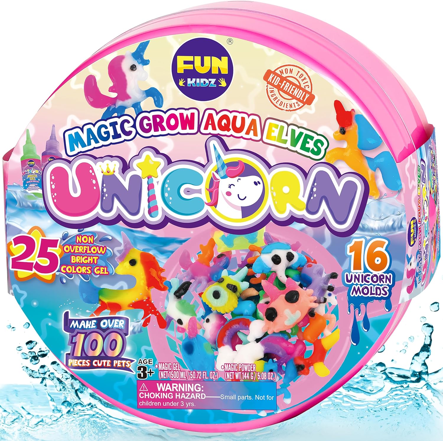Unicorn Magic Grow Aqua Elves Kit, FunKidz Magical Water Elf Toys for Kids with 25 Colors Gel 16 Unicorn Molds to Make Over 100 Water Pets Crafts for Girls Boys Ages 3+
