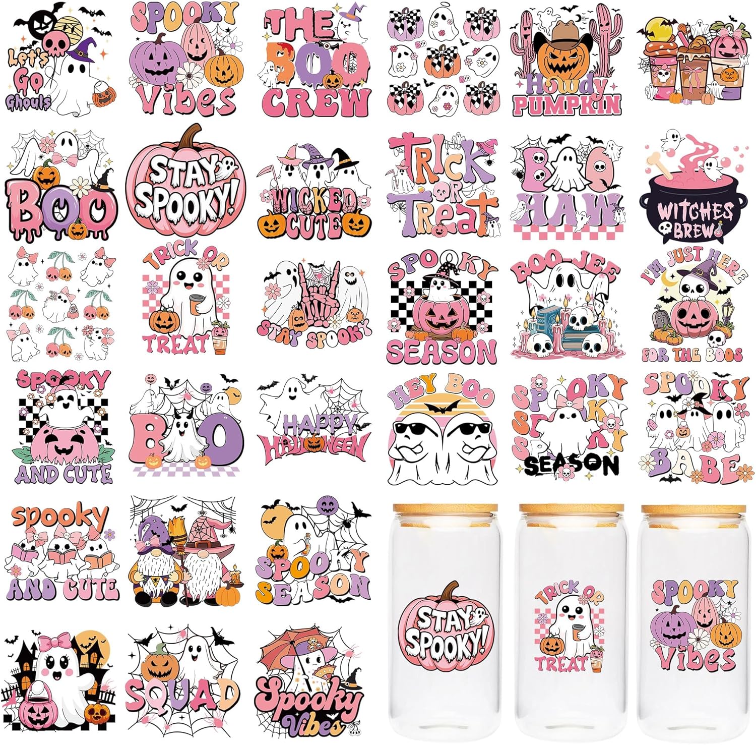 UV DTF Cup Wraps - 30 Sheet Halloween UV DTF Transfer Decals, Cute Ghost UVDTF Cup Wraps for Glass, Fun Waterproof Transfer Sticker, Pink Festival DIY Crafts