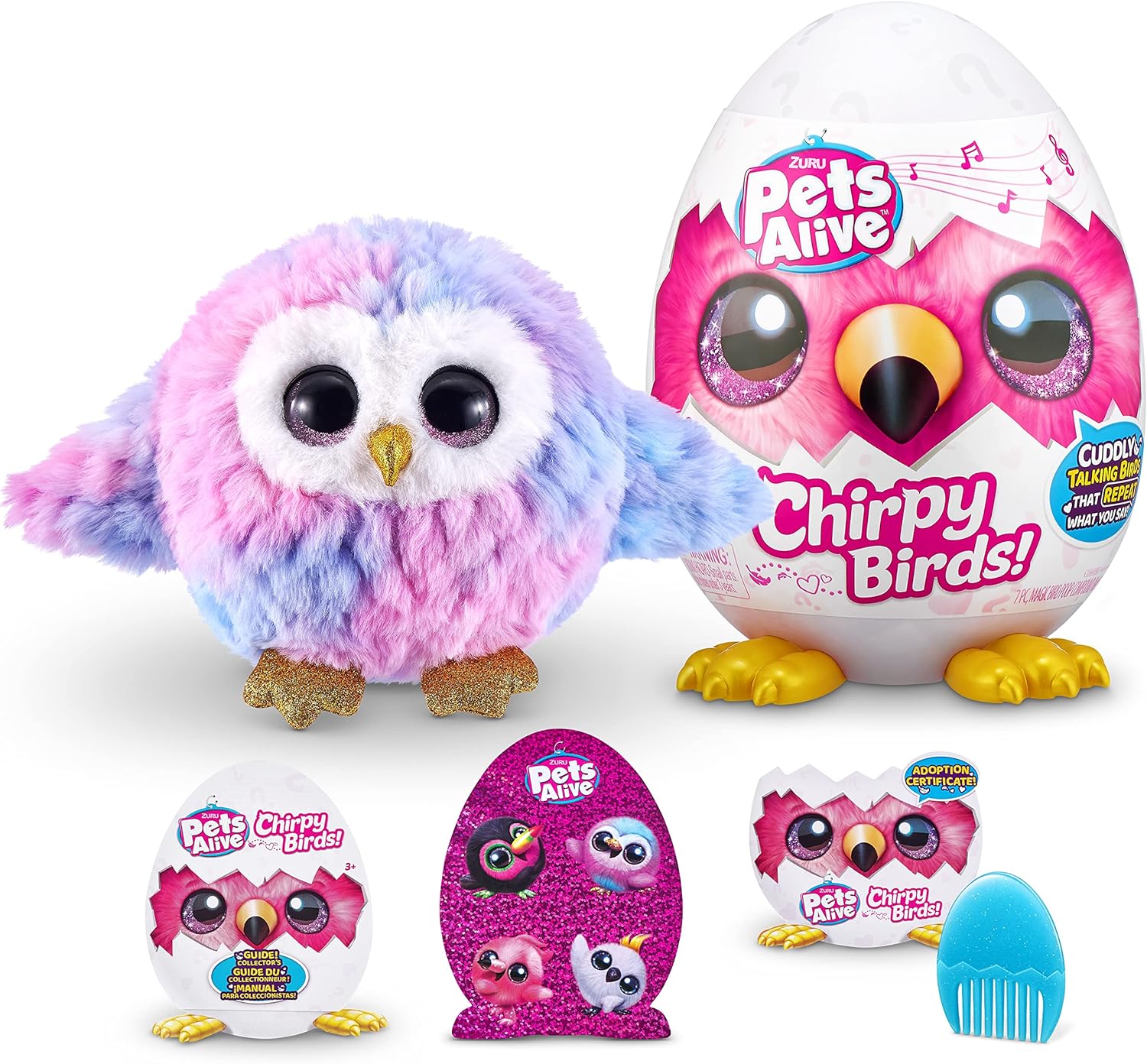 Pets Alive Chirpy Birds (OWL) by ZURU, Electronic Pet That Speaks, Giant Surprise Egg, Stickers, Comb, Fluffy Clay, Bird Animal Plush for Girls