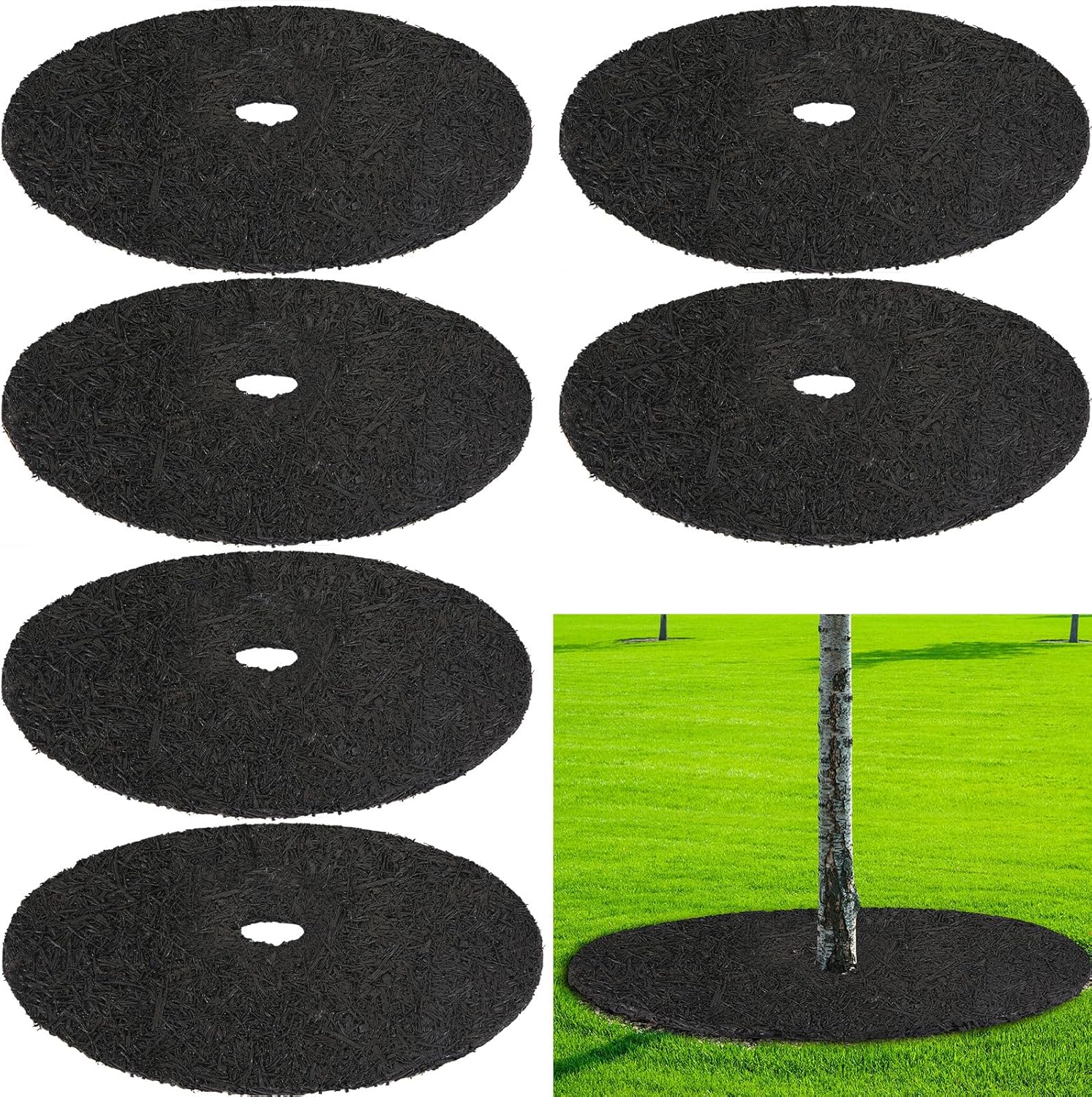 Peryiter 6 Pcs Rubber Mulch Tree Ring, Heavy Duty Rubber Mulch Mat, Tree Protector Weed Barrier Mats, Round Root Barrier for Weed Grass Control Root Protection(20 Inches)