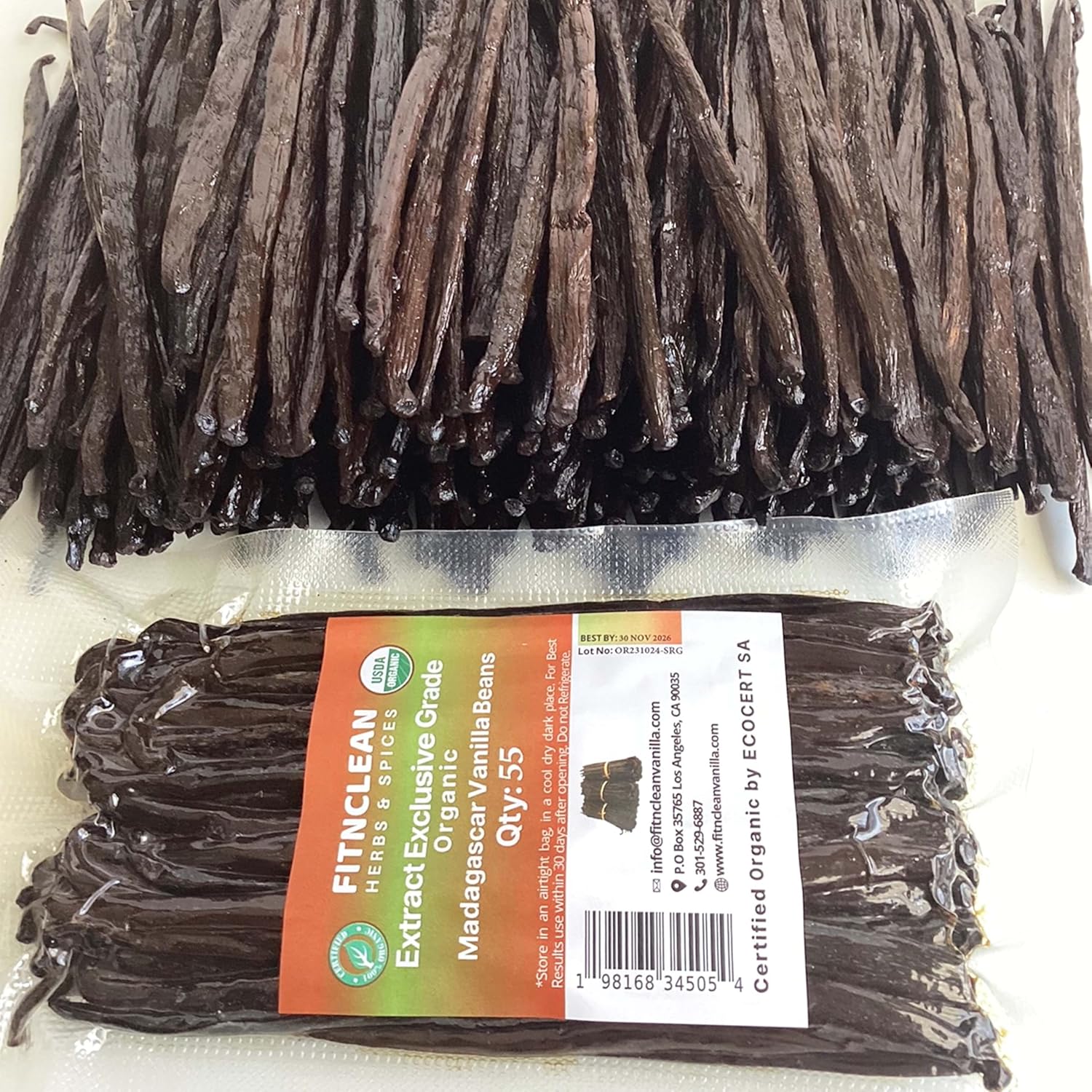 55 Organic Madagascar Vanilla Extract Exclusive Grade B Beans| 4" - 5" by FITNCLEAN VANILLA| Certified USDA Organic. Bulk Dry Whole Bourbon NON-GMO Pods