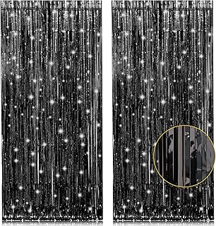 2 Pack 3.2ft x 8.2ft Black Tinsel Foil Fringe Curtains, Metallic Foil Tinsel Photo Booth Backdrop Streamer for New Years Decorations Halloween Bachelorette Birthday Holiday Celebration Party Supplies