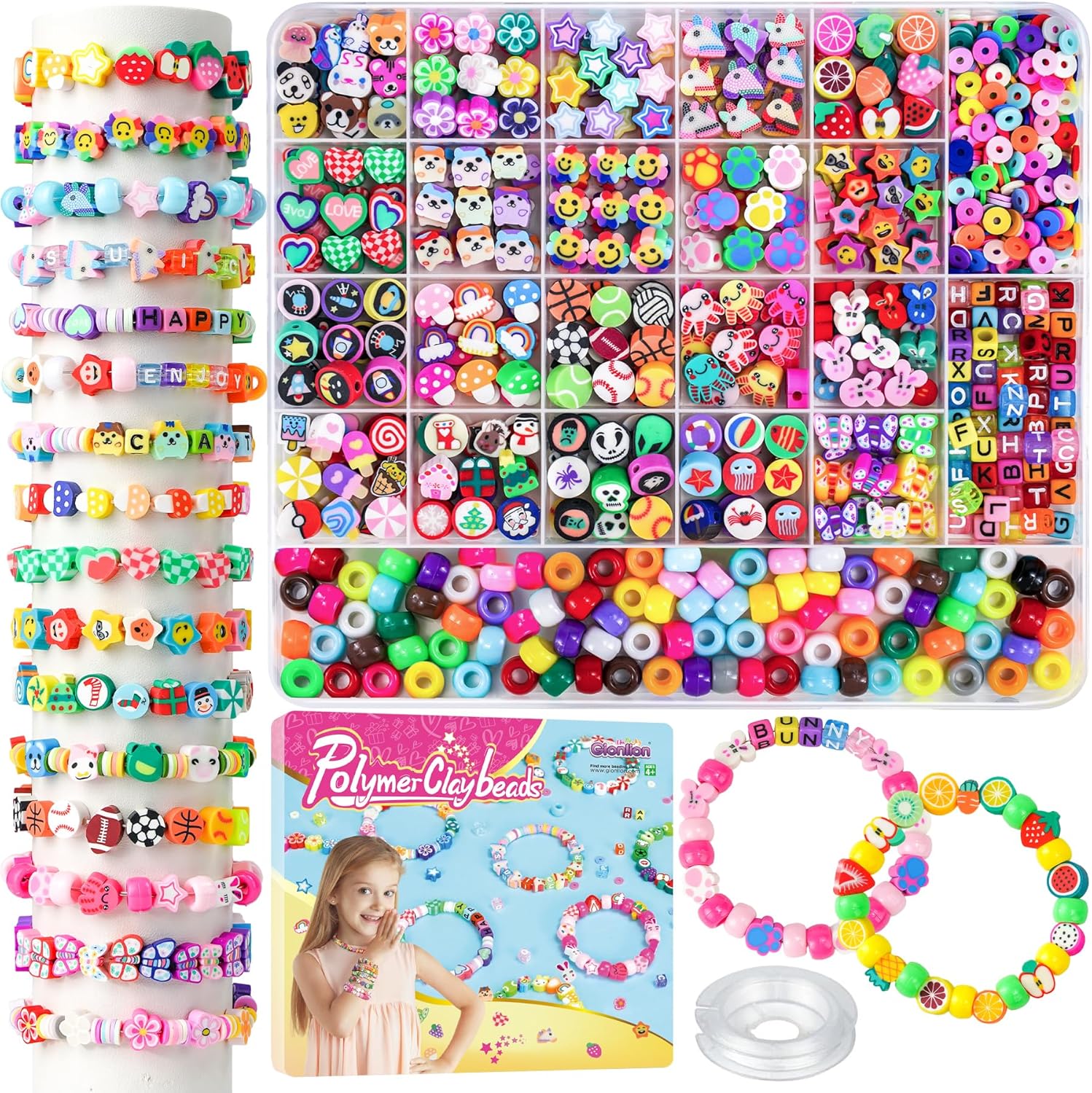 Gionlion 1200 Pcs Polymer Clay Beads Bracelet Making Kit, 25 Style Animal Fruit Flower Butterfly Bunny Pony Letter Beads Charms for Jewelry Making, DIY Art and Crafts Toys Gifts for 4+ Year Old Kids