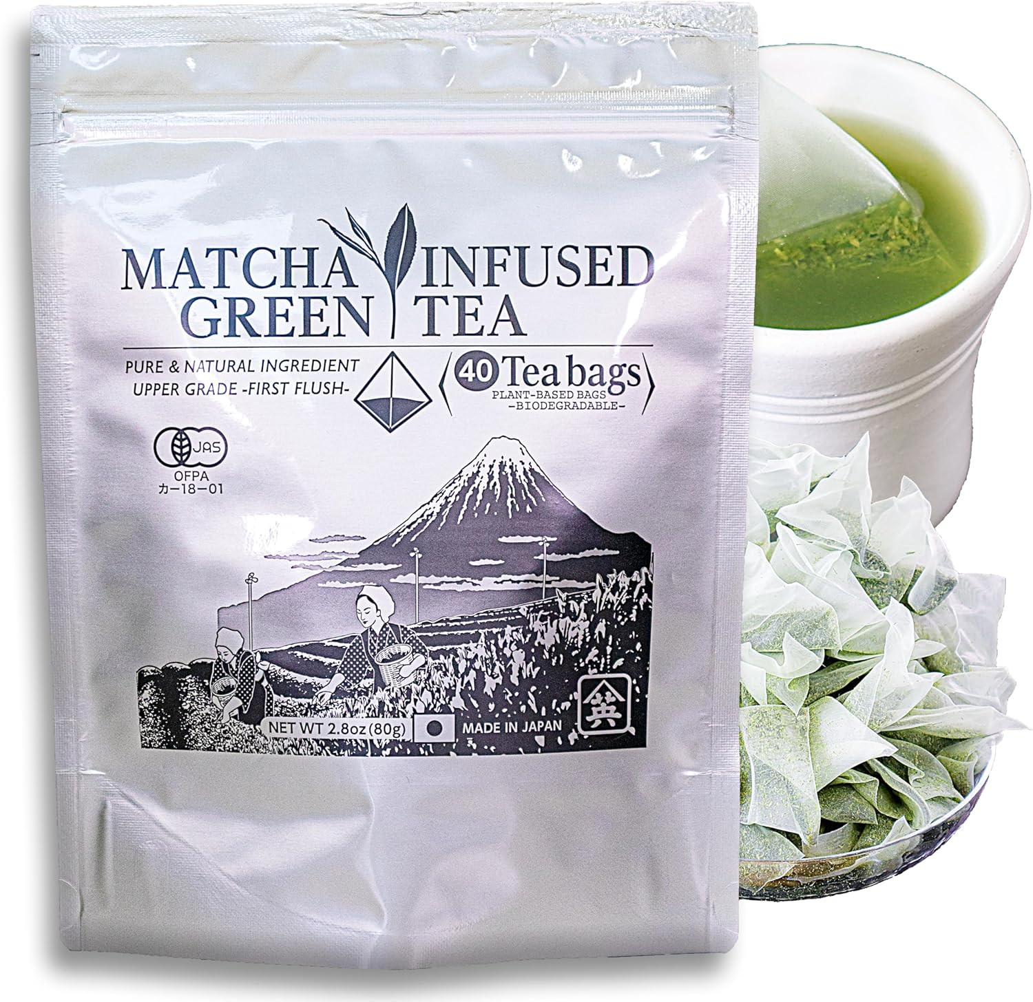 YAMAEI, Matcha Infused Green Tea Bags, 40 packs/80 g, Biodegradable Filter, Japanese Teabags
