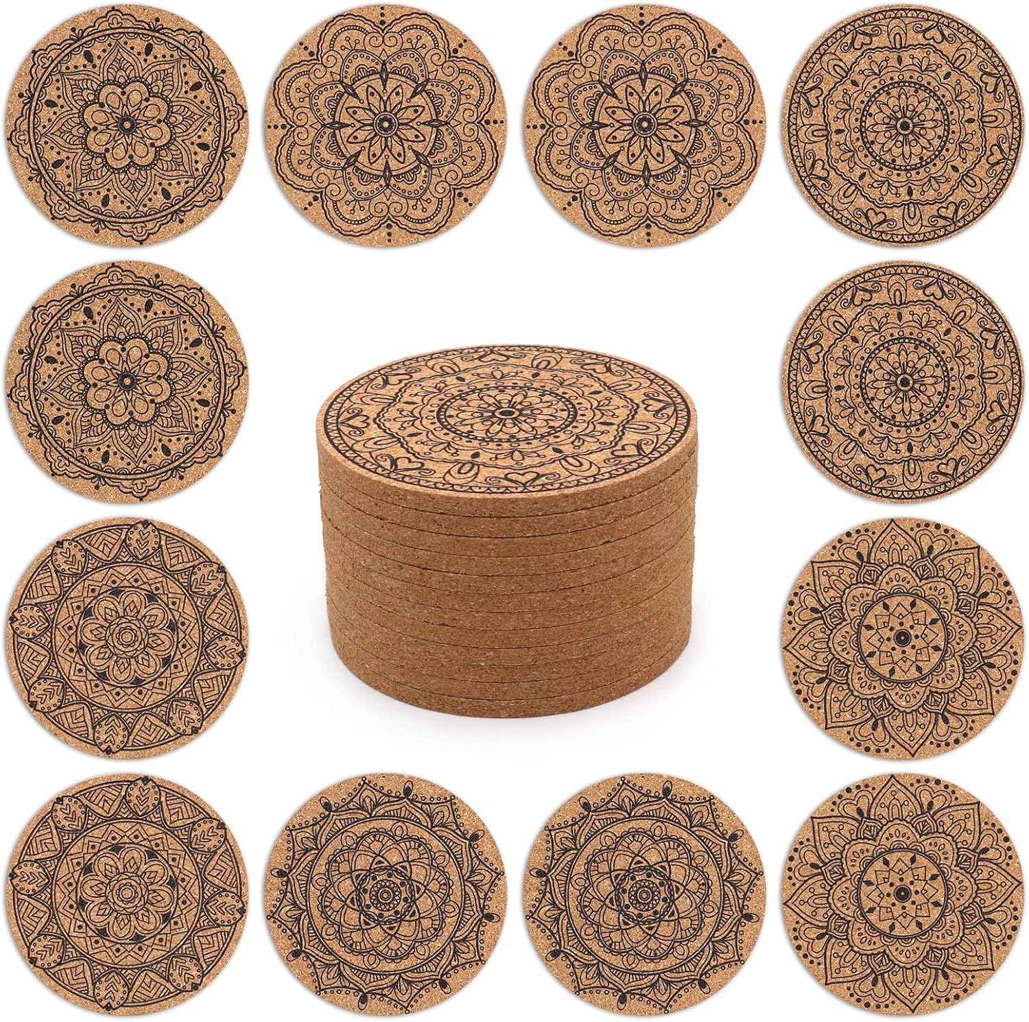 STARUBY Set of 12 Indian Floral Pattern Cork Coasters - 10cm Round Drink Coaster for Dining Table, Bar, Coffee Bar Decoration and Gifts