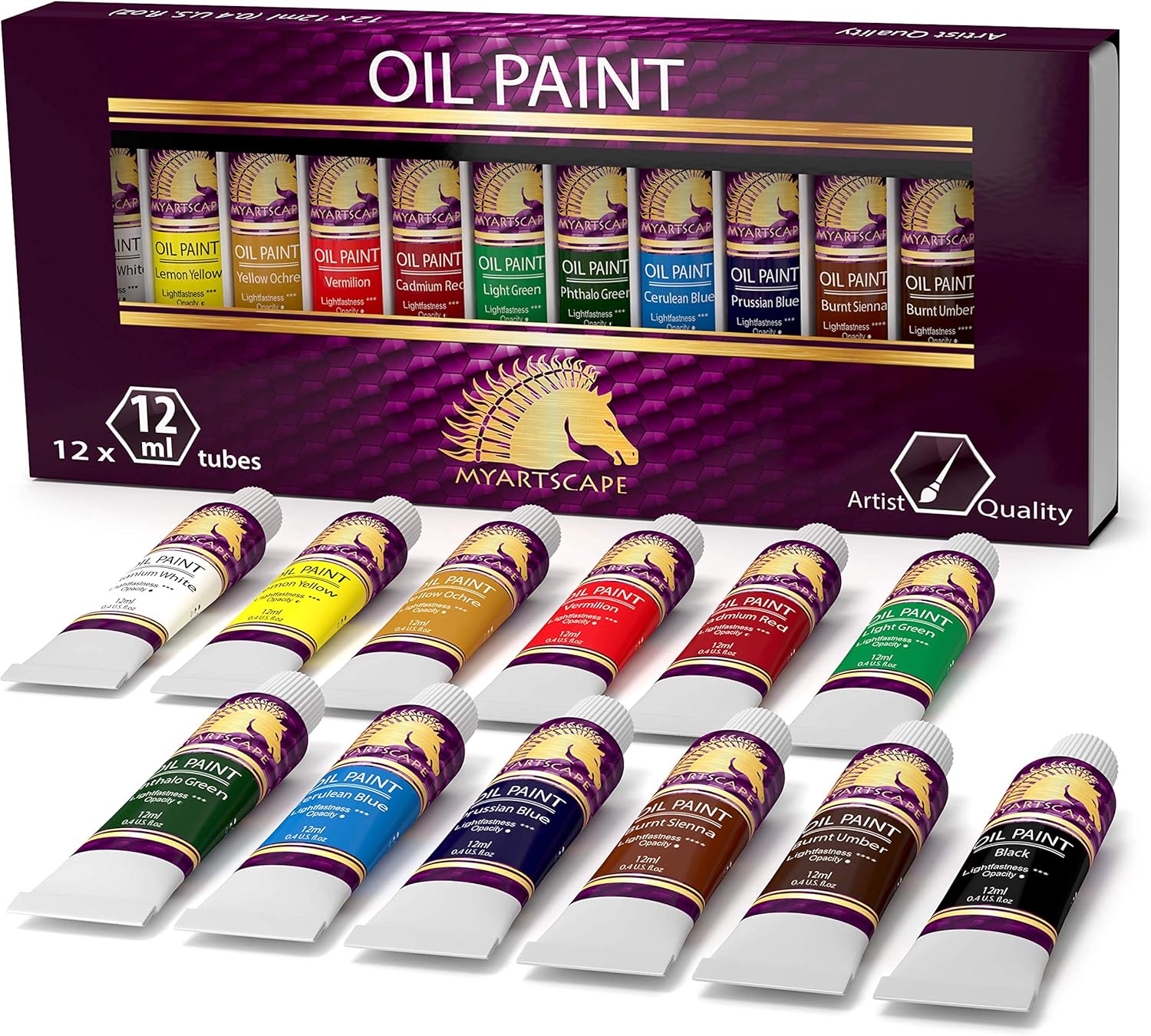 MyArtscape Oil Paint Set - 12 x 12ml Tubes - Lightfast - Heavy Body - Oil-based Vibrant Colors - High Pigment Load - Non-fading - Artist Quality Painting Supplies - Professional Craft Paints