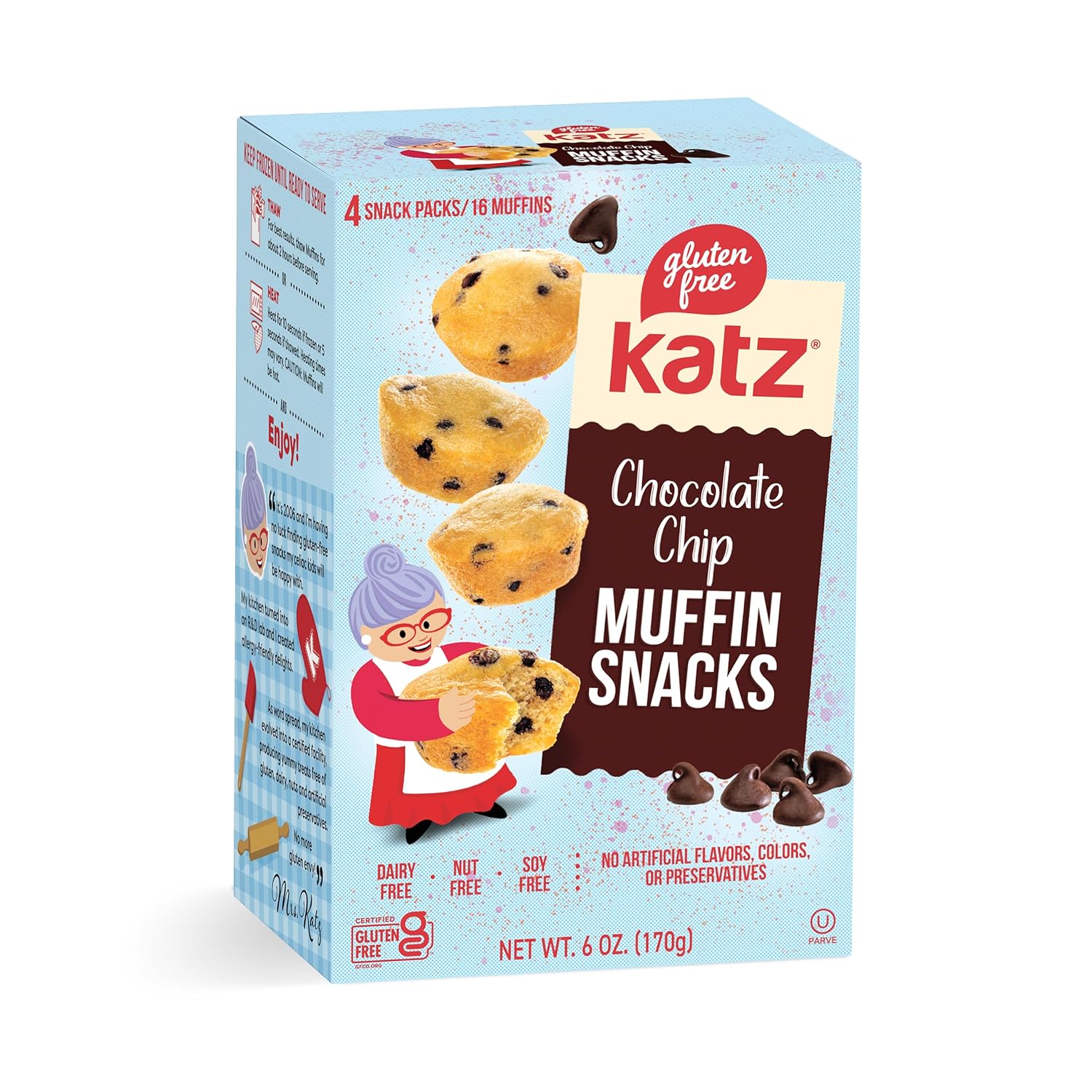 Katz Gluten Free Chocolate Chip Muffin Snacks | Dairy Free, Nut Free, Soy Free, Gluten Free | Kosher (1 Pack, 6 Ounce)