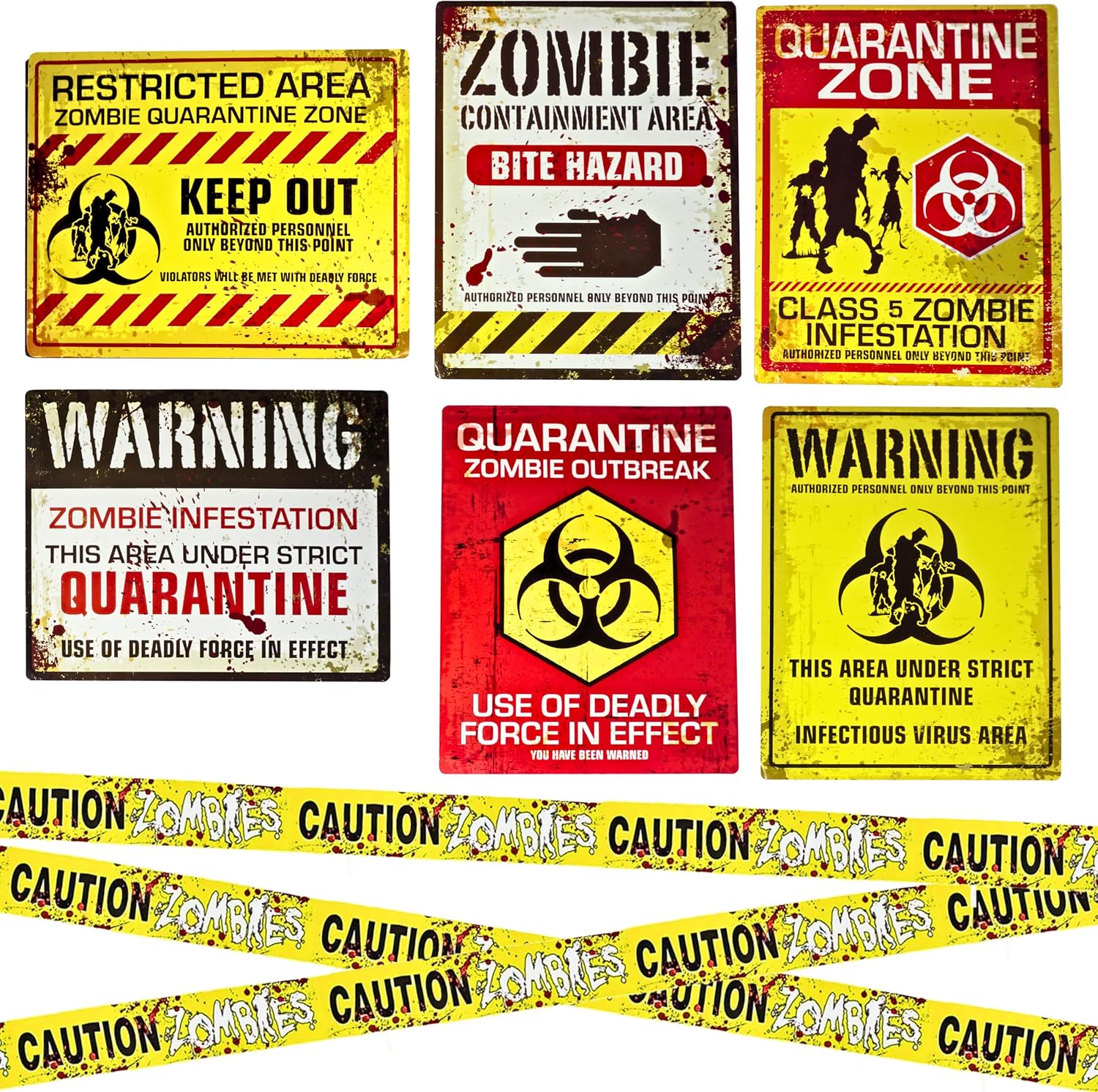 4E's Novelty 6 Warning Signs 11x14" with Caution Tape Roll 20 Feet - Halloween Zombie Party Decorations Halloween Indoor Outdoor Yard Signs Beware Danger Door Posters Haunted House Decor