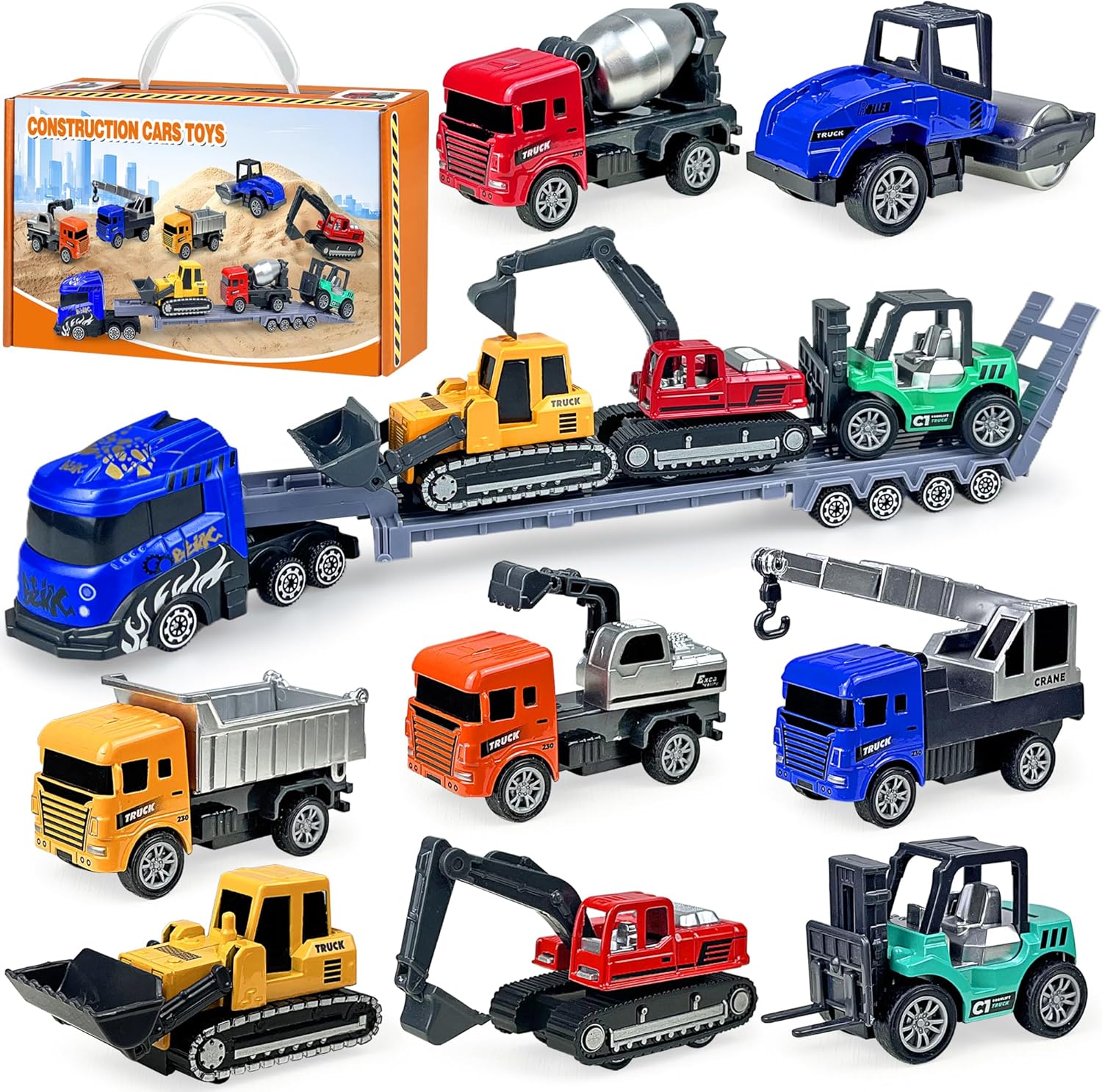 9 Pack Alloy Construction Cars Toys Mini Pull Back Car Set Educational Party Favors for Boys Girls Outdoor Truck Toys Gift Pack