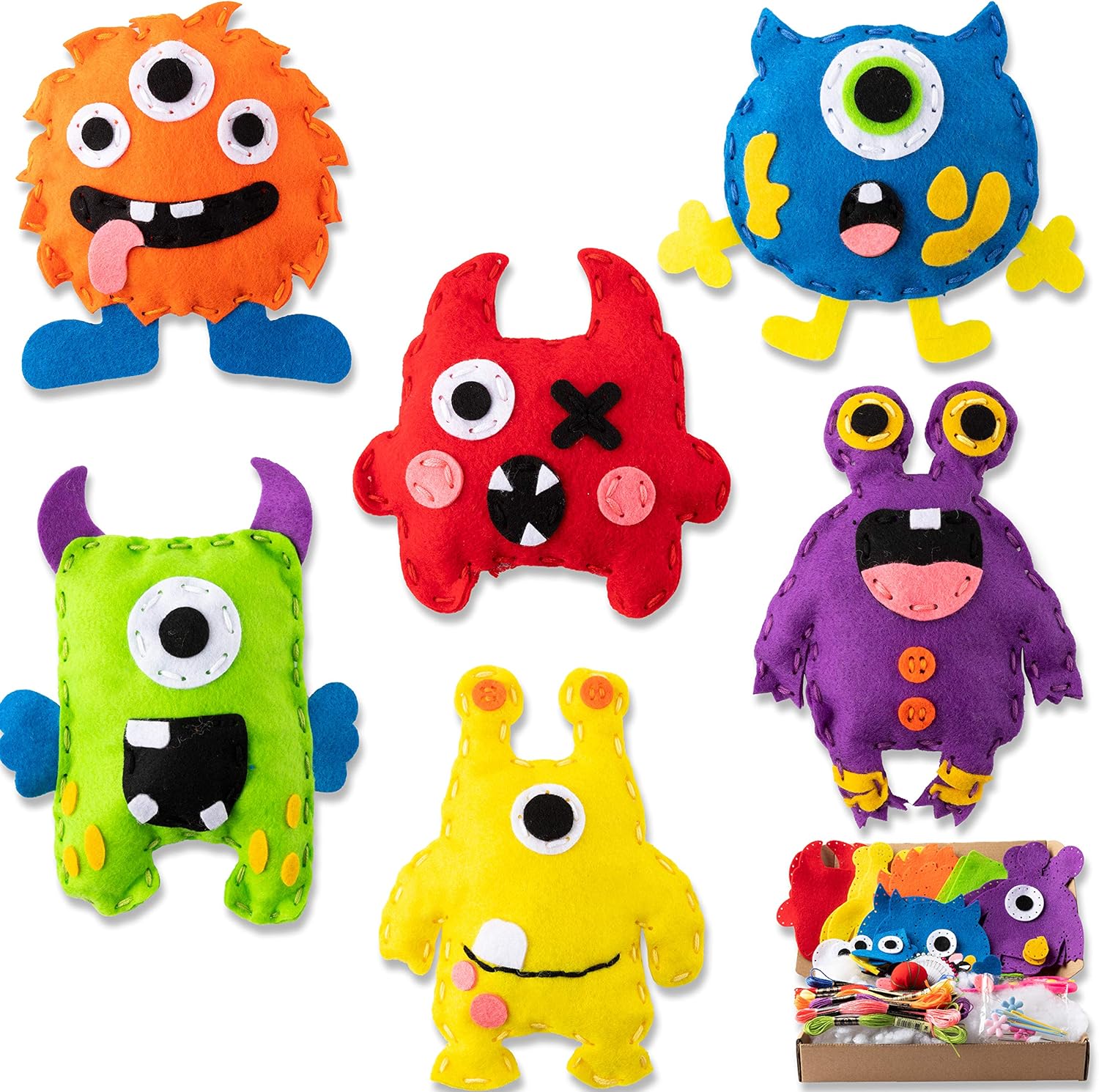 WATINC 6Pcs Felt Sewing Craft Kit for Kids, Stuffed Monster Sewing Pack for Beginner Boys Girls Fun DIY Educational Craft Gift with Multiple Tools
