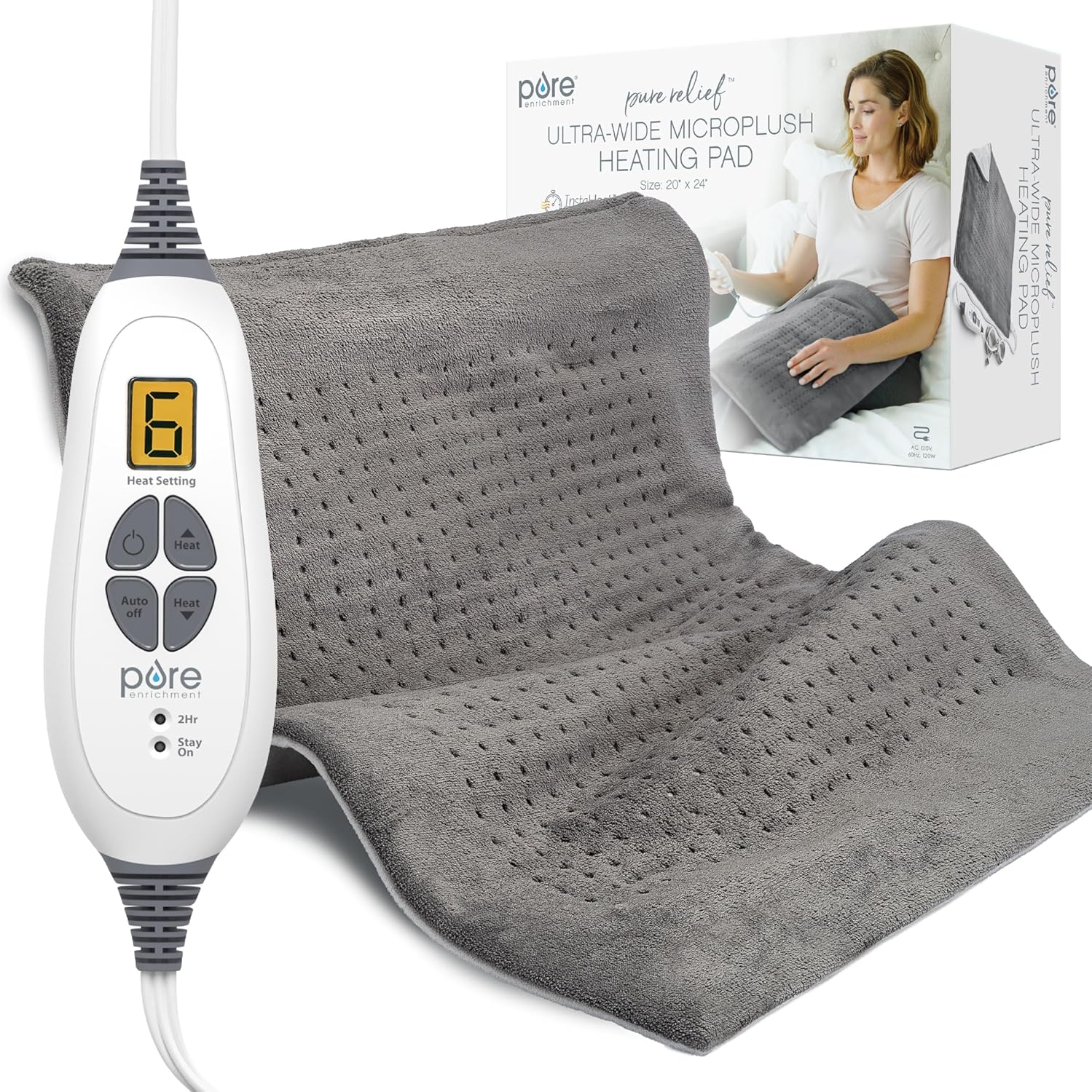 Pure Enrichment PureRelief Ultra-Wide Microplush Heating Pad - 20” x 24” XXL Size & 6 Heat Settings for Temporary Neck, Shoulder & Back Pain Relief - Moist Heat Option & Machine Washable (Gray)
