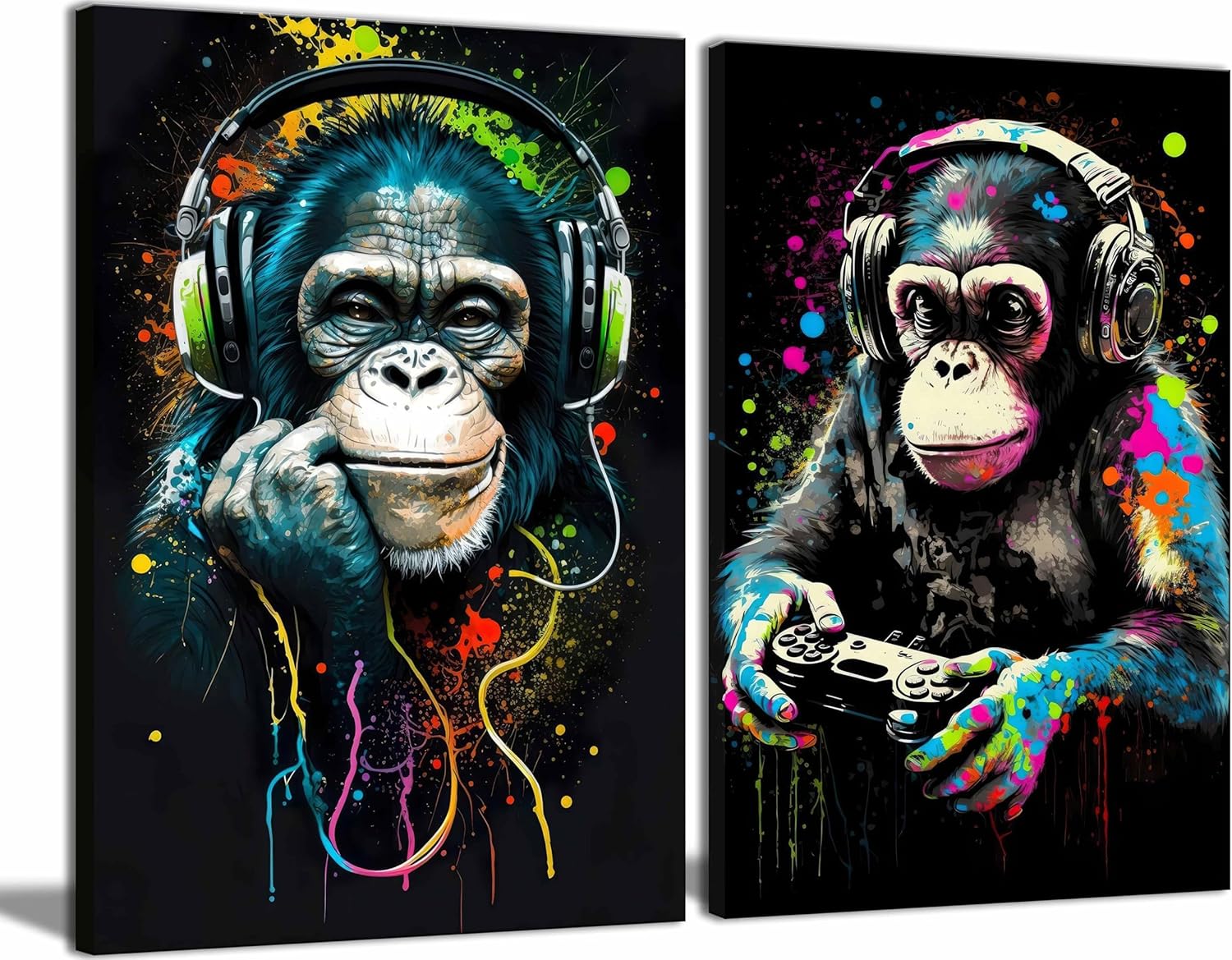 Graffiti Monkey Canvas Wall Art Gaming Room Decor Boys Gamer Controller Poster Animals Vintage Watercolor Cool Music DJ Chimpanzee Pictures Painting Boys Room Kids teeny for Room Bedroom Decoration