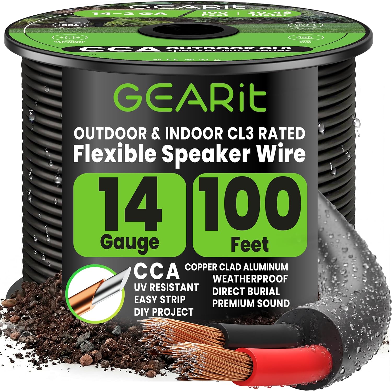 GEARit 14 Gauge Speaker Wire Cable,14 Gauge Wire CL3 Rated 100ft,Audio Cable with Red/Black Color Coded,Outdoor Speaker Wires for Home,Car,Outdoor,Patio,Garden,In-Wall,Backyard,CCA(Black,2-Conductors)