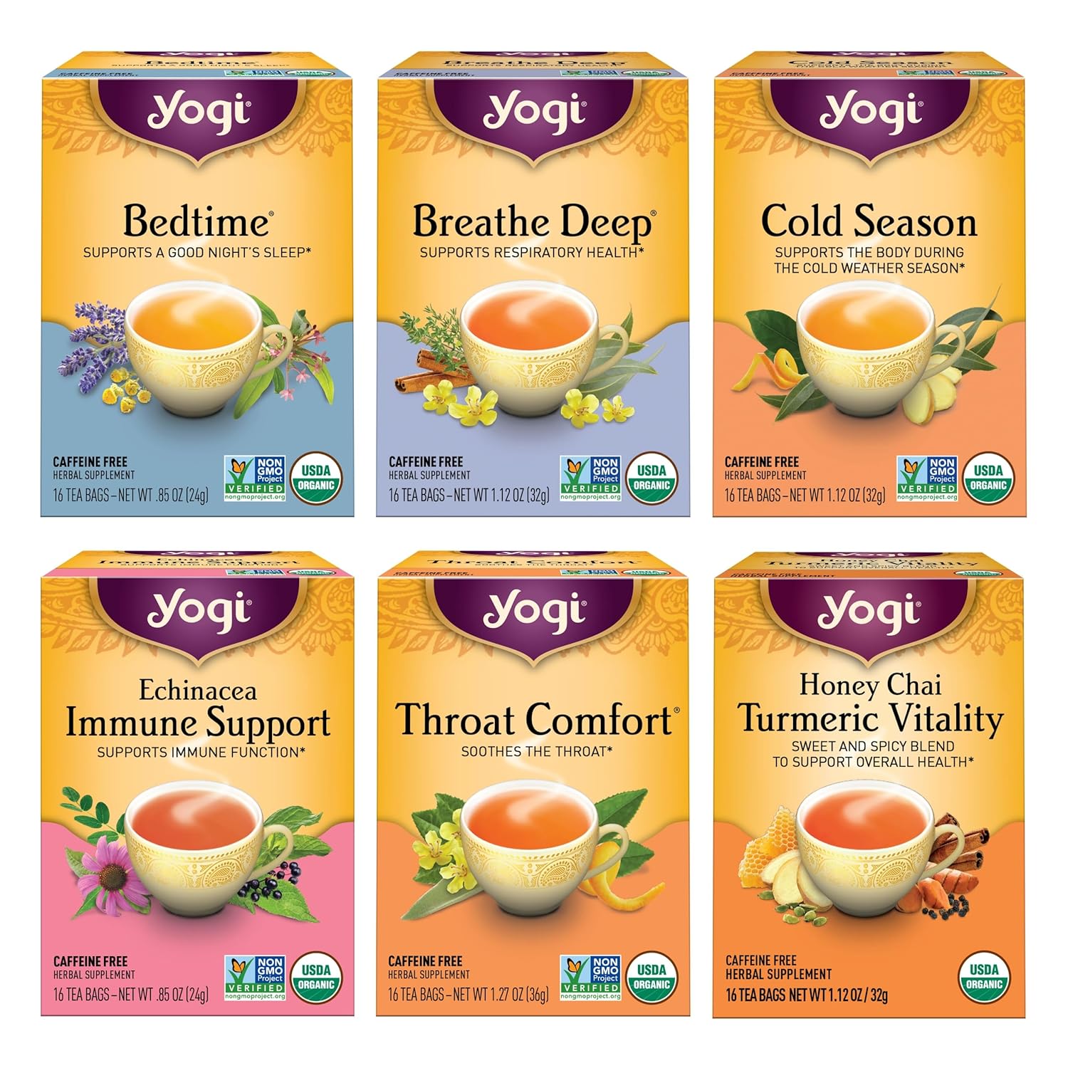 Yogi Get Well Variety Pack (6 Pack) - Herbal Immune and Cold Season Support - 96 Organic Tea Bags
