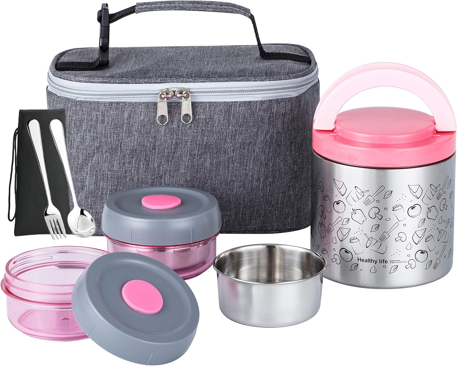 Lille Home Vacuum Insulated Lunch Box Set, BPA Free, Food Flask
