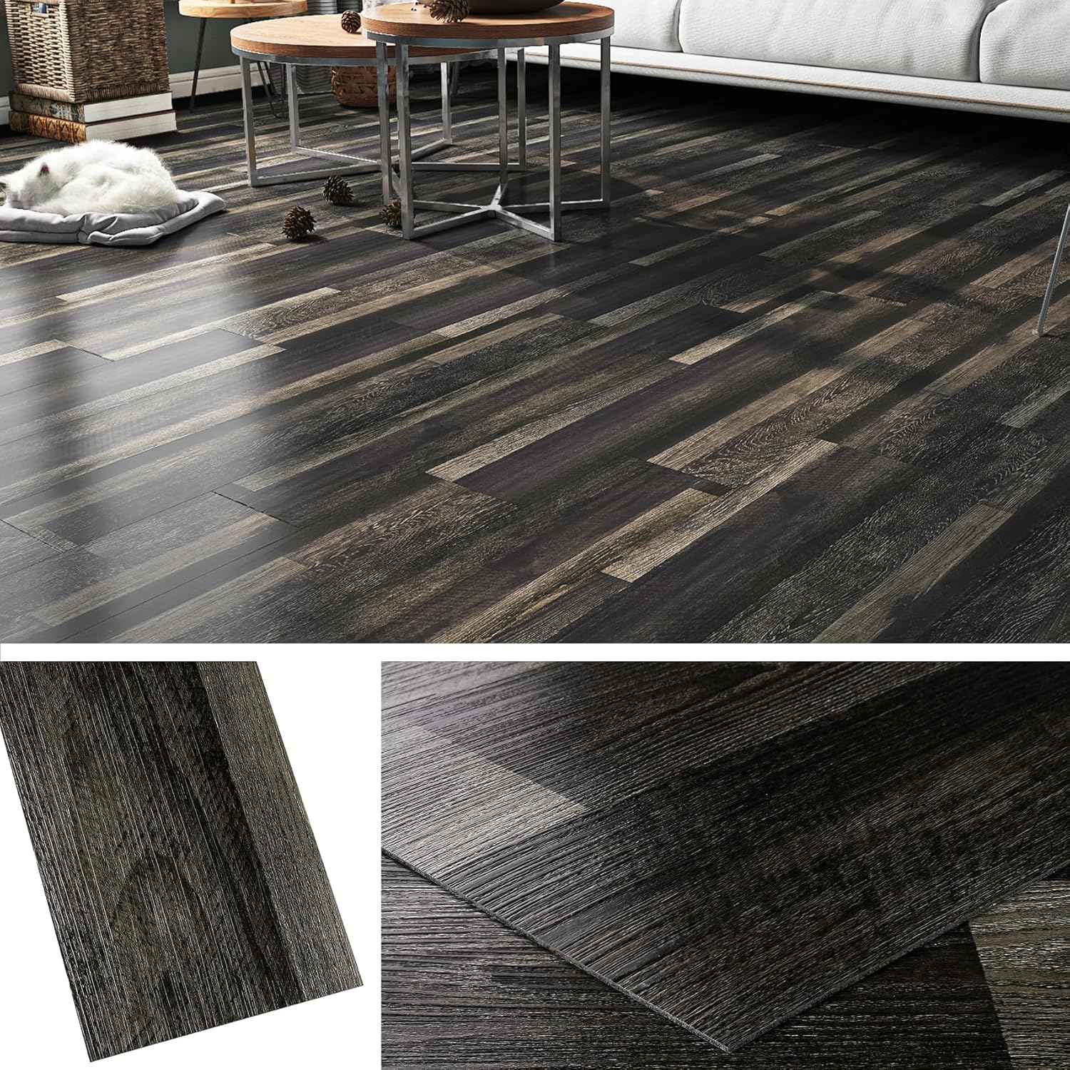 Livelynine 36-Pack 6x36 Reclaimed Black Wood Peel and Stick Floor Tile Waterproof Vinyl Flooring Planks Laminate Wood Look Luxury Vinyl Plank Flooring Self Adhesive Kitchen Floor Tiles Sticky Sticker