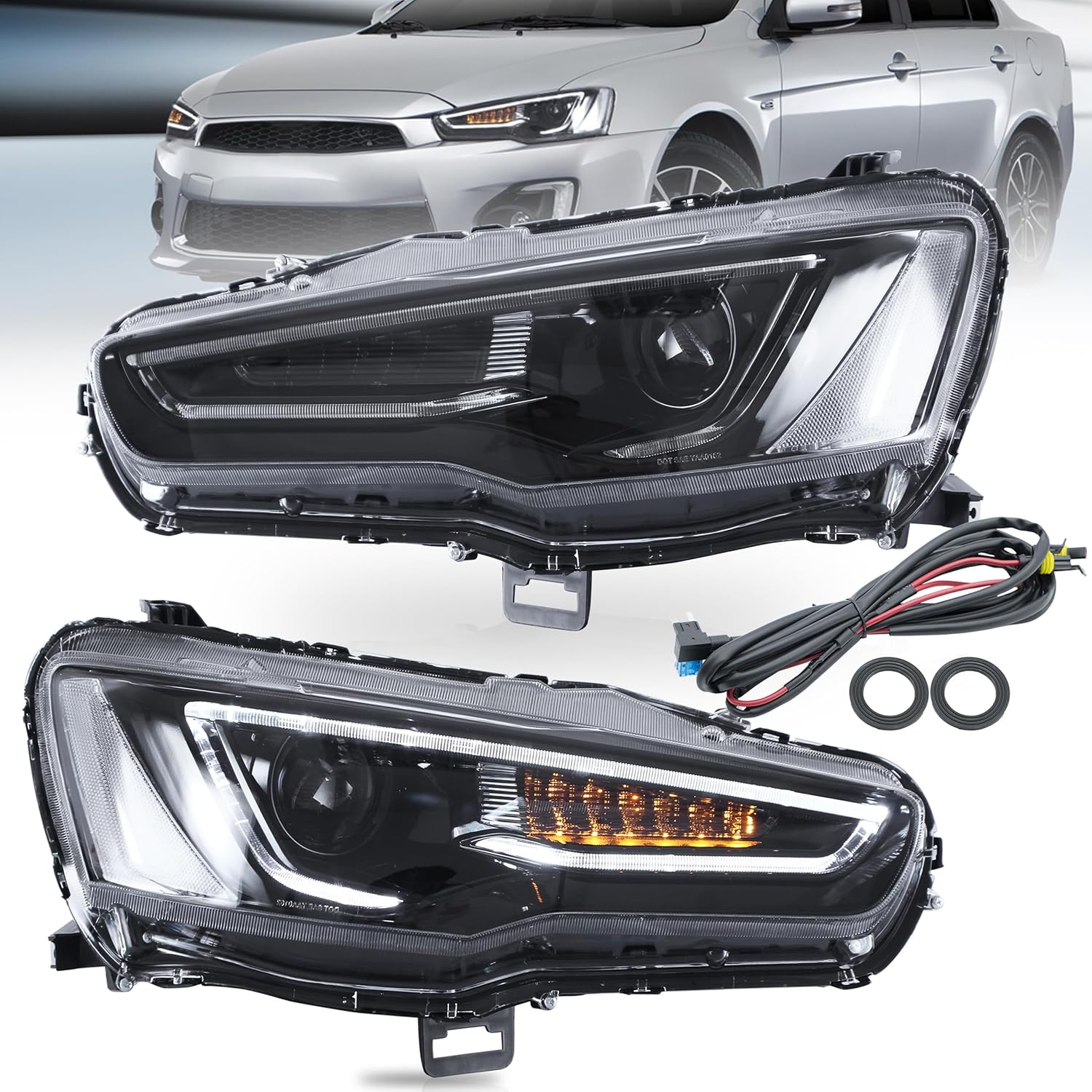 VLAND Headlights Assembly Fit for Mitsubishi Lancer& EVO X 2008-2020 W/DRL, LED Front light with Sequential Turn Signal, Plug-n-Play Headlamp, Black Housing