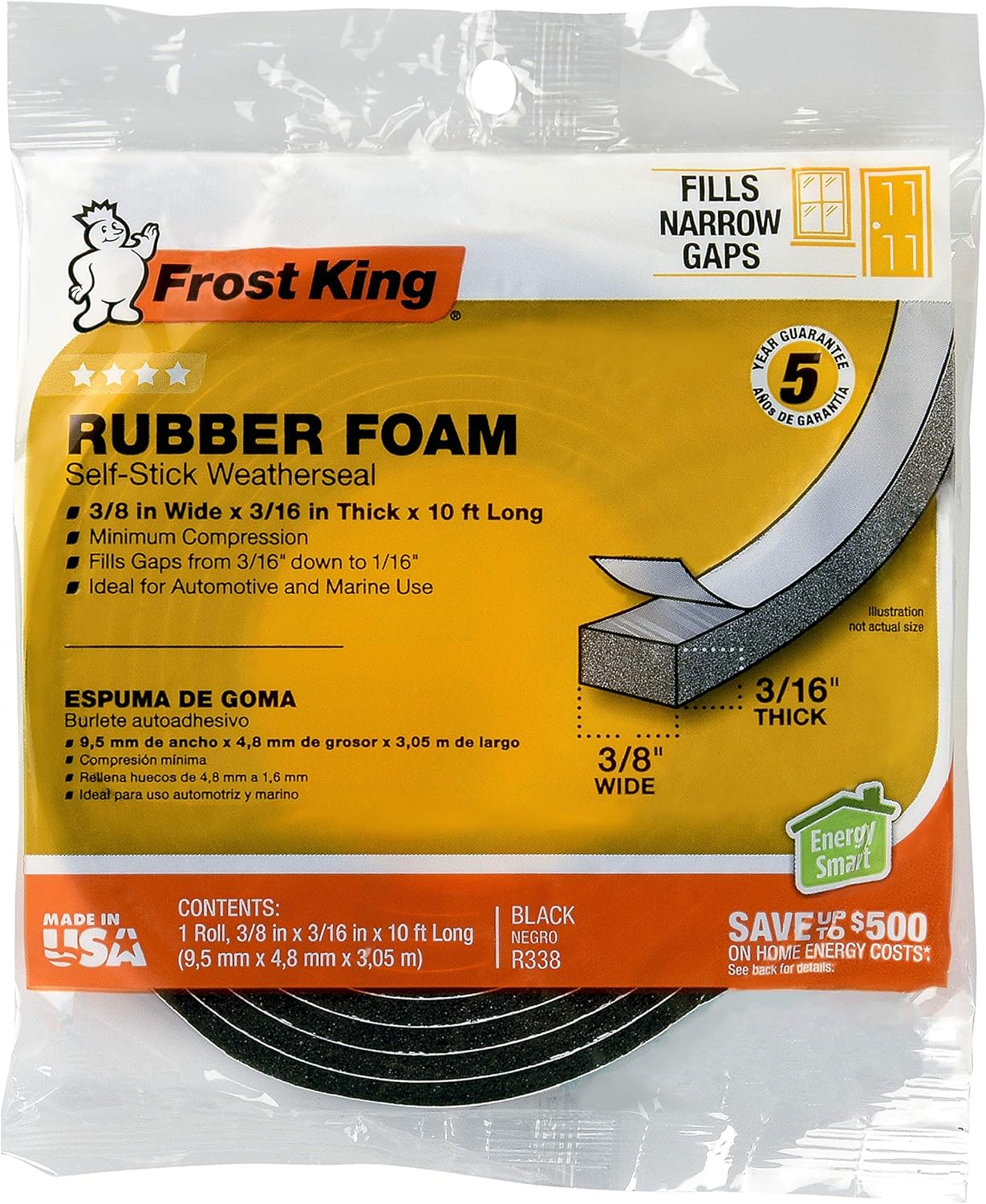 Frost King R338H Self-Stick Rubber Foam Weatherseal, 3/8"W, 3/16"T, Black|Blacks
