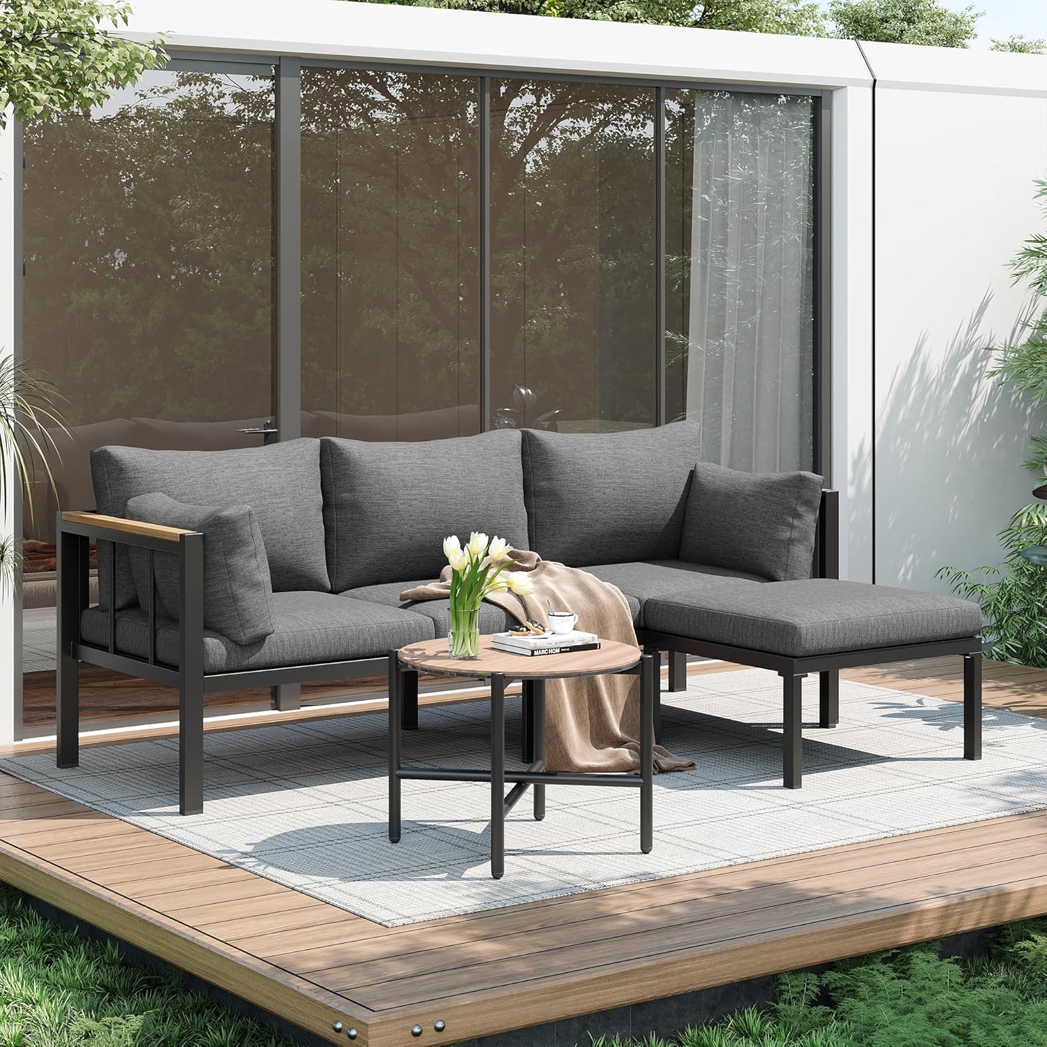 Jtyca Garden Furniture Sets, Outdoor Corner Sofa, Patio Furniture with Sofa, Coffee Table, Footstool, Galvanized Steel Tube, Glass Table Top, Suitable for Gardens, Balcony and Other Outdoor Areas