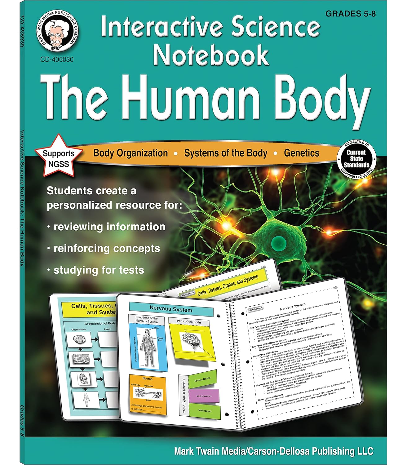 Mark Twain The Human Body Science Book, Personalized Study Guide Covering Anatomy, Genetics, and More Biology, Interactive Notebook for Grades 5 and Up