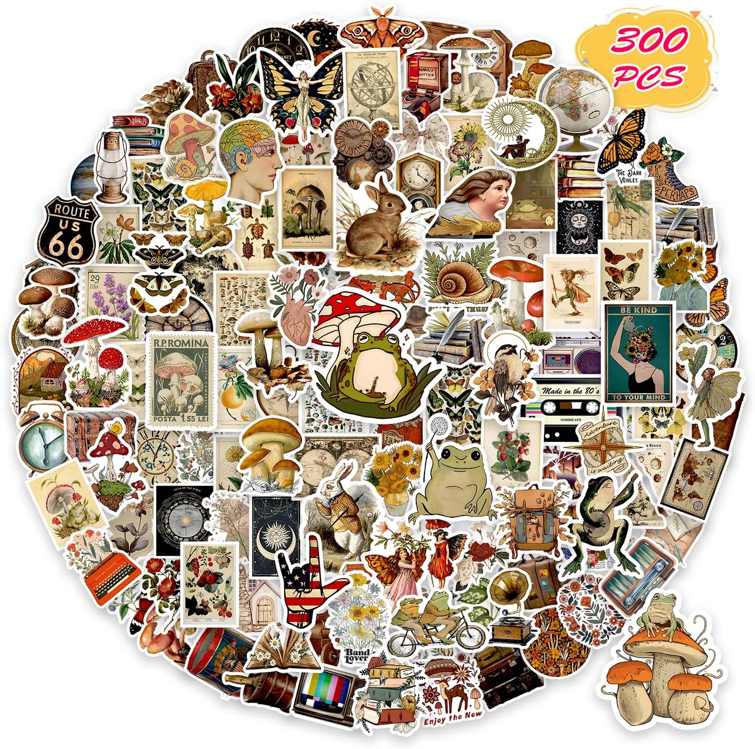 300 PCS Vintage Stickers, Aesthetic Stickers for Scrapbook Journaling Water Bottles Laptop, Scrapbooking Supplies Kit, Cottagecore Waterproof Vinyl Bullet Junk Journal Stickers for Adults