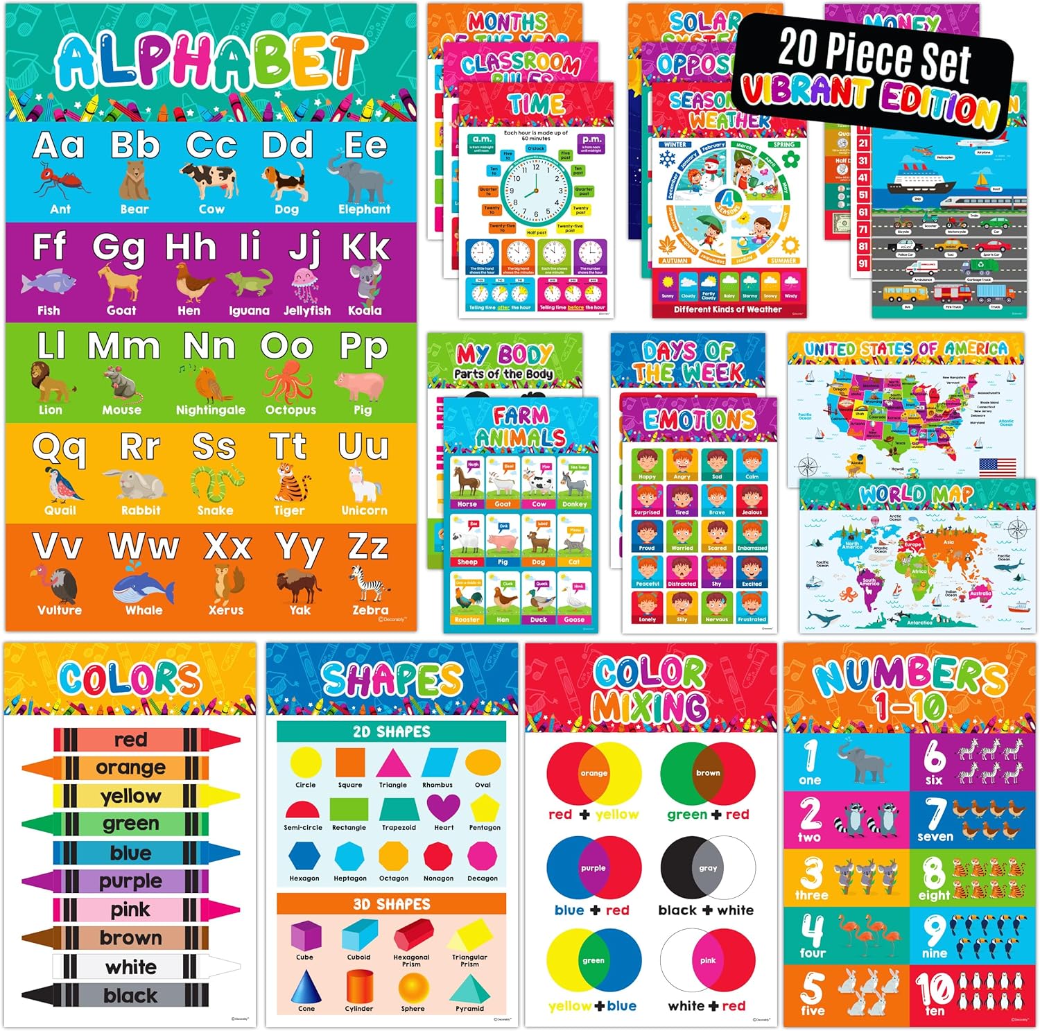 Decorably 20 Vibrant Preschool Classroom Posters, 11x17in Matte-Laminated Toddler Posters Educational Age 2 and Up - Kindergarten, Homeschool