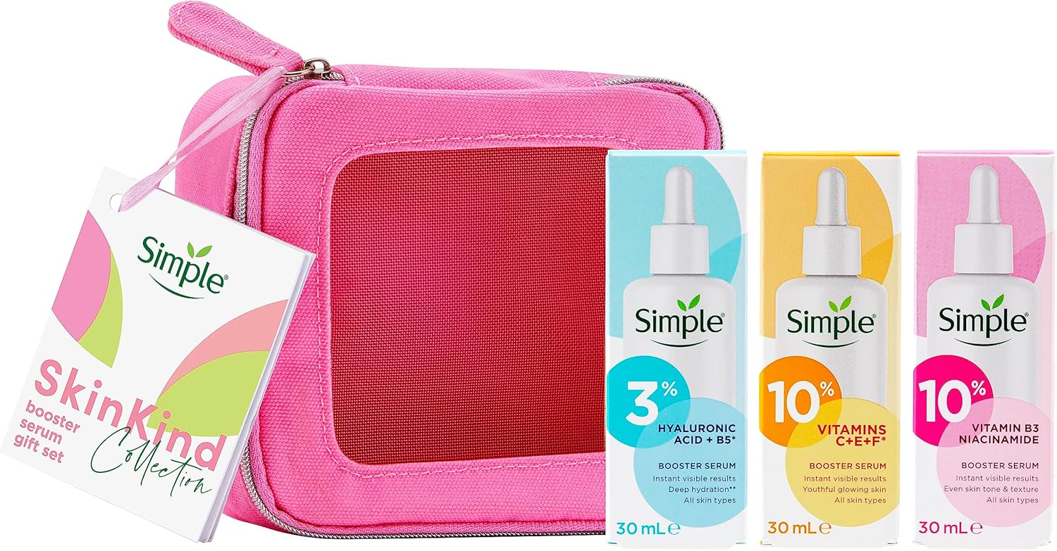 Simple Skin Kind Booster Serum Gift Set with a small travel beauty bag skin care products for her 3 piece
