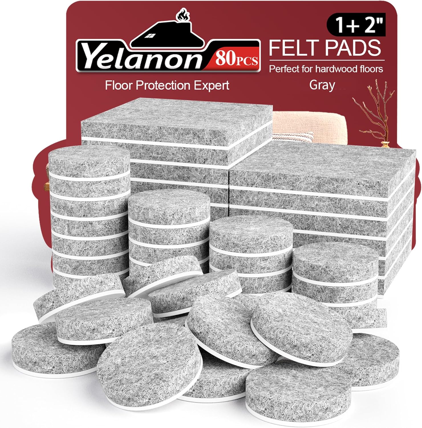 Yelanon Felt Furniture Pads - 80 Pcs Anti Scratch Floor Protectors for Hardwoods, Self Adhesive, Gray