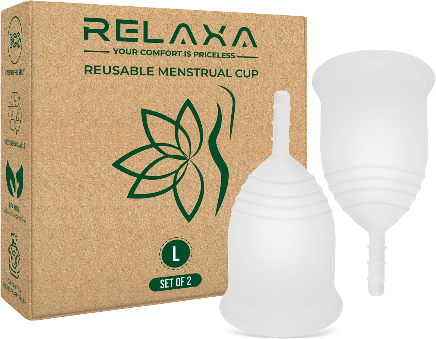 Relaxa Soft & Easy to-Use Reusable Large Menstrual Cups Premium Quality Lasts for 12 Hours with Storage Pouch - Leakproof & Comfortable Feminine Hygiene Period Cups for Women (Pack of 2)