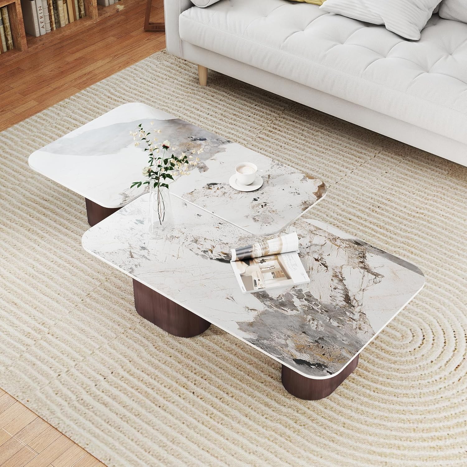Modern Nesting Coffee Table Set of 2, Sintered Stone L-Shape Square Coffee Table for Living Room, Modern Small Center Table End Table Sets for Bedroom Office Cafe