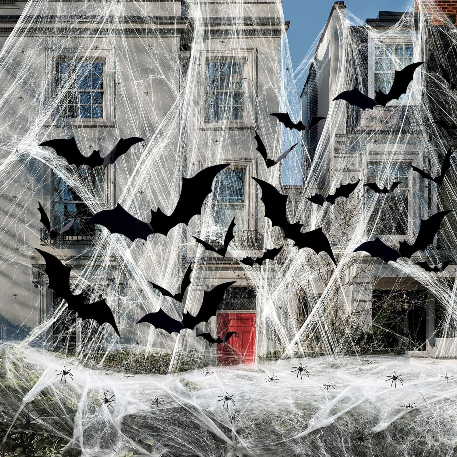 FENGSHENG-SHOP Cover 1000 Square Feet 200g Halloween Spider Web Stretchable Cobweb with 20 pcs Small Spiders and 24 pcs 3D Bats, Halloween Indoor Outdoor Decorations