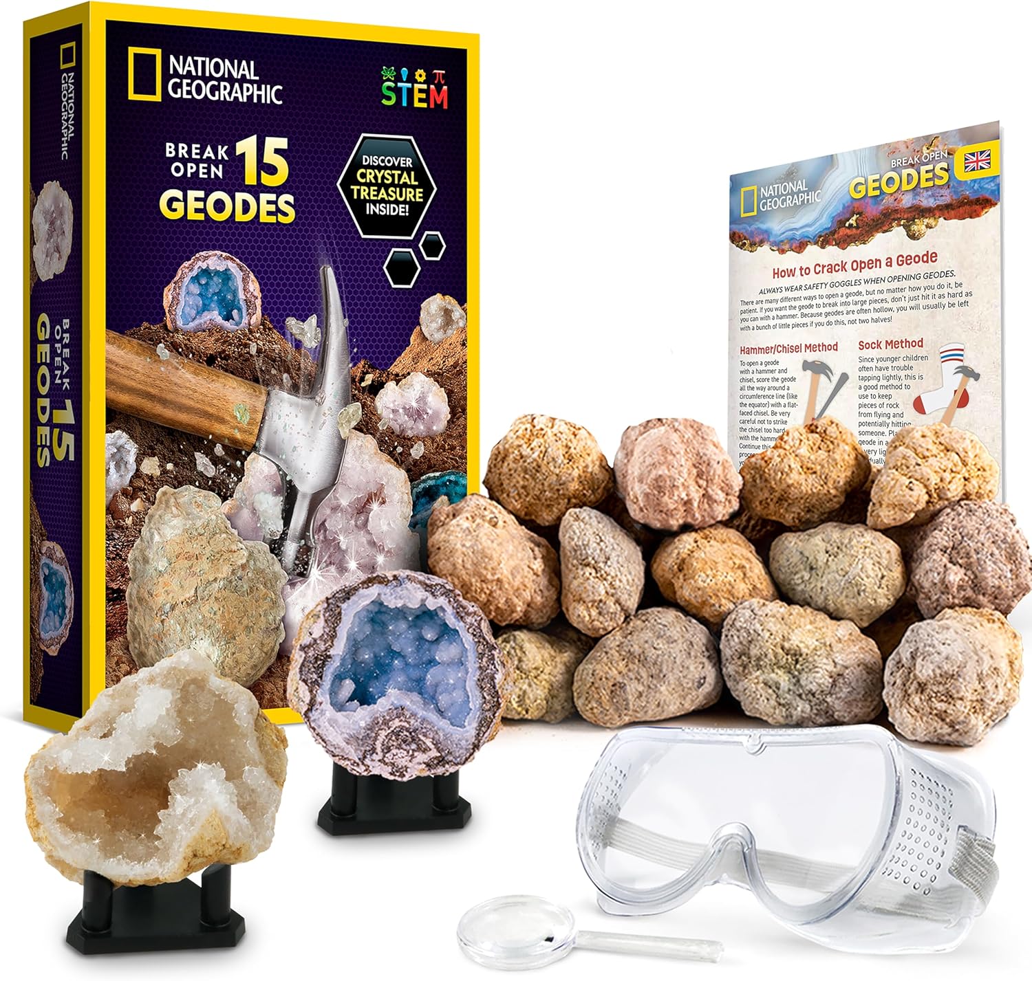NATIONAL GEOGRAPHIC Break Open 15 Premium Geodes Science Kit - Goggles, Detailed Learning Guide, 3 Display Stands, Great STEM Science Toy & Educational Gift