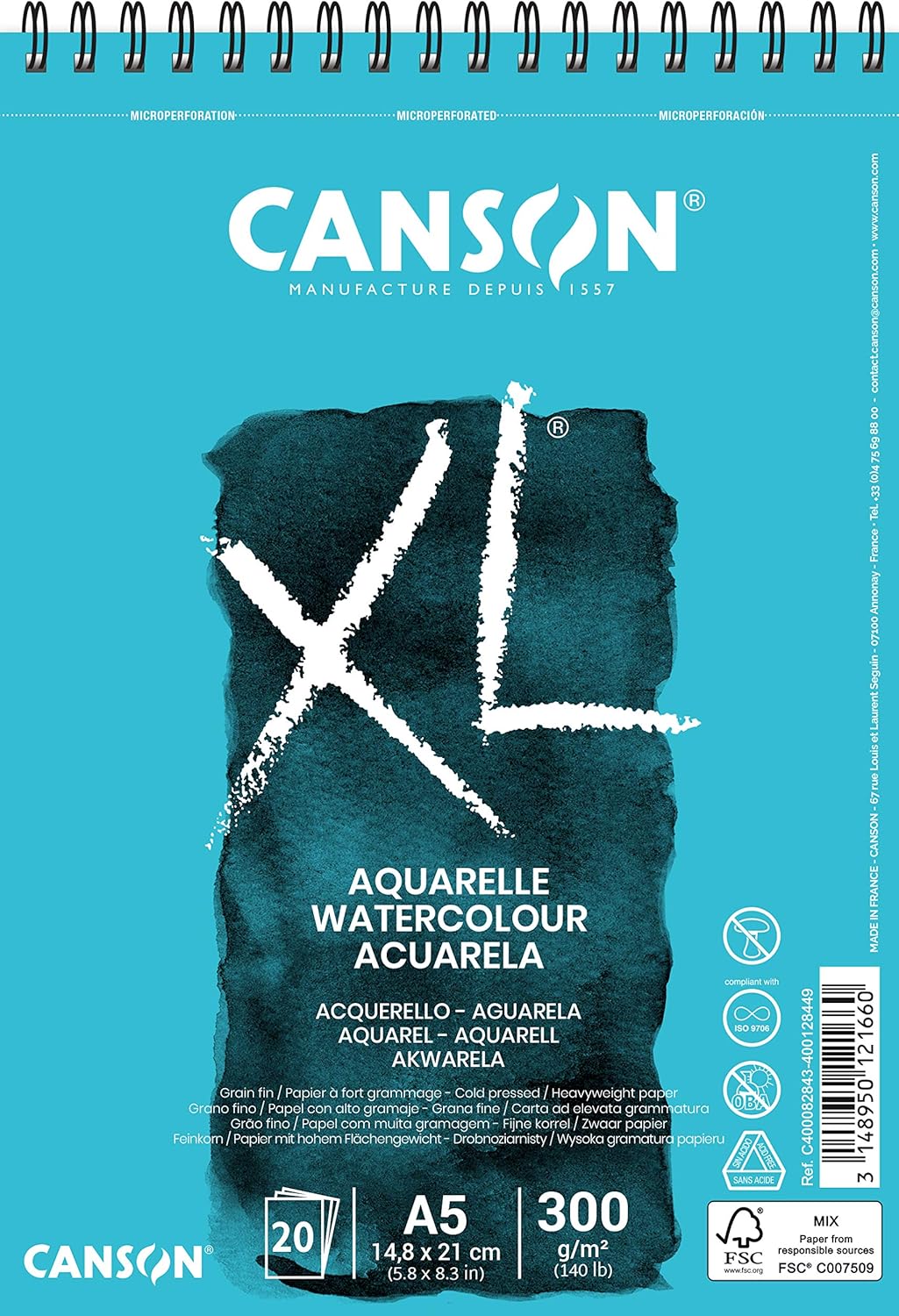 CANSON XL Watercolour 300gsm A5 Paper, Cold Pressed, Spiral Pad Short Side, 20 White Sheets, For Professional Artists