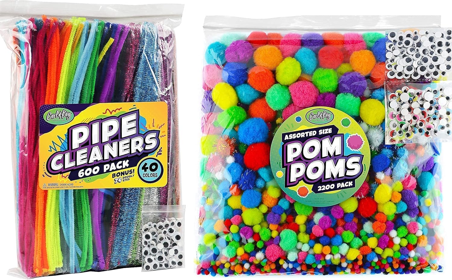 Carl & Kay Assorted Size 2000 Pom Poms & 600 Pipe Cleaners with 274 Googly Eyes