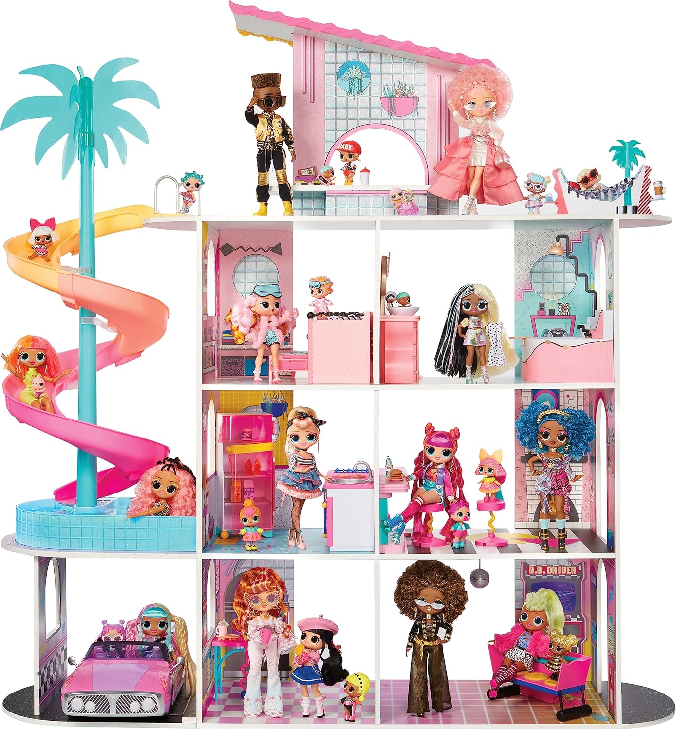 L.O.L. Surprise OMG Fashion House Playset with 85+ Surprises - Real Wood Doll House with Pool, Spiral Slide, Rooftop Patio, Cinema, Transforming Furniture, and more - Great for Kids Ages 4+