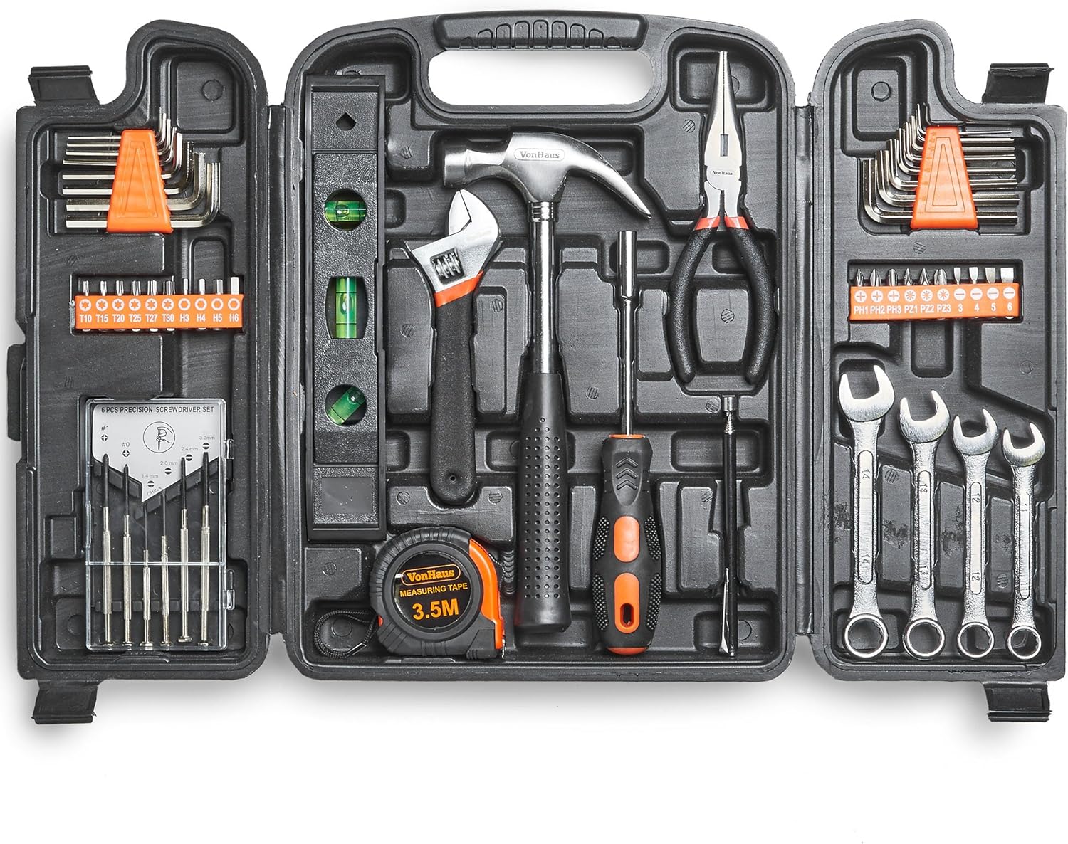 VonHaus Household Tool Kit - 53pc Tool Kit for Beginners - Includes Precision Screwdrivers, Claw Hammer, Pliers, Hex Keys, 20 Bits & More - Home Tool Kit with Hand Tools in Carry Case