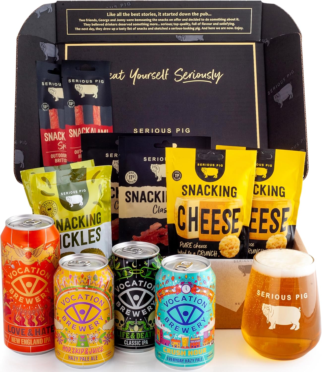 Serious Pig + Vocation Brewery | Craft Beer And Snacks Tasting Experience Gift Box | With Professional Tasting Notes And Glassware (12 Packs)