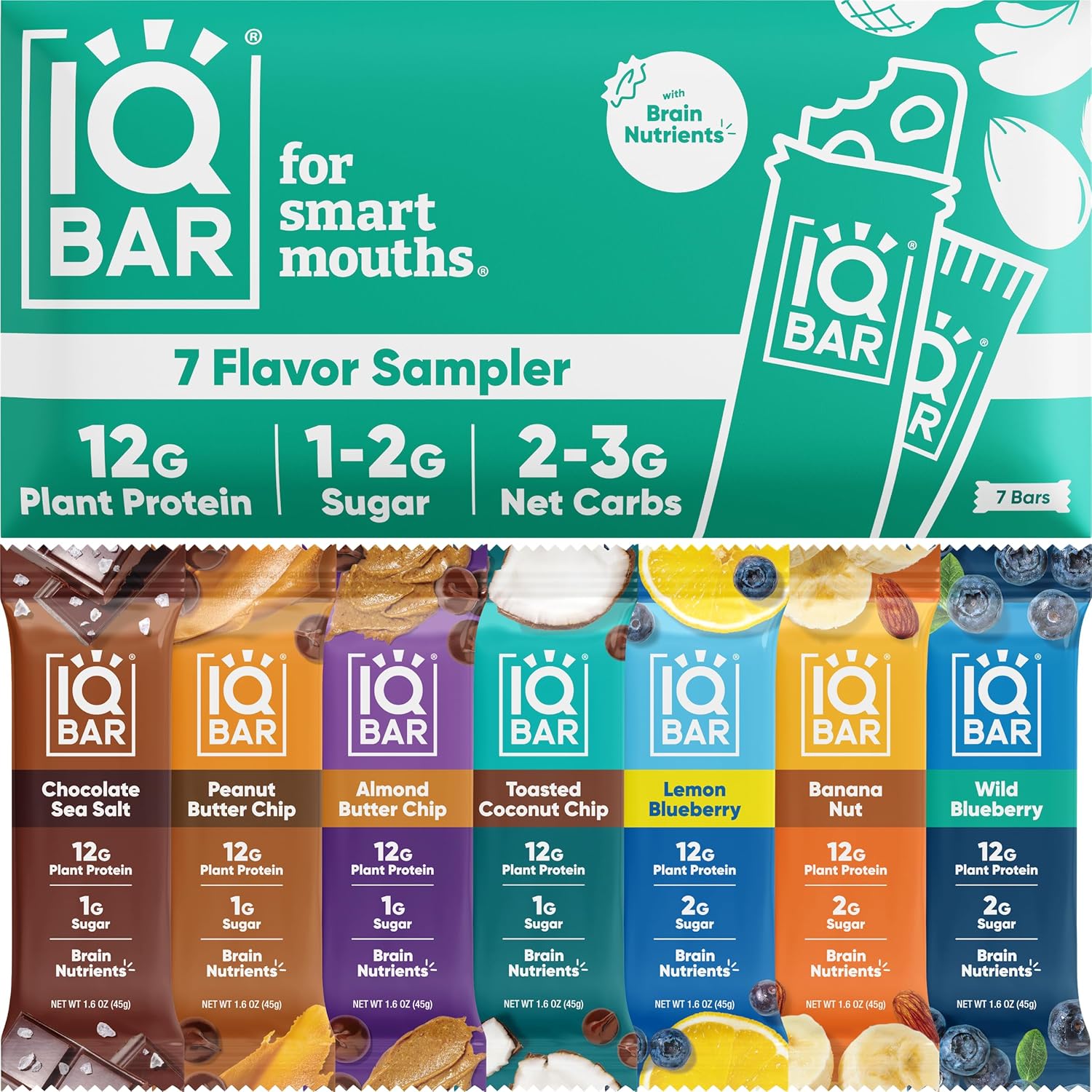 IQBAR Brain and Body Plant Protein Bars - 7 Bar Sampler Pack - Gluten Free, High Fiber, Vegan Snacks - Low Sugar Meal Replacement