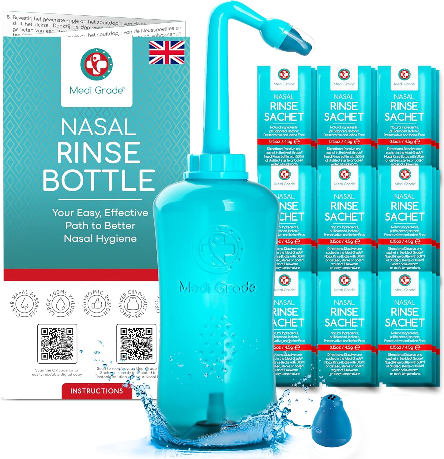 Medi Grade Nasal Irrigation Kit - 500ml Nasal Rinse Bottle, 30x 4.5g Premixed Saline Nasal Rinse Salt Sachets - Deluxe Free-Flow Bottle Nose Cleaner for Improved Breathing and Nasal Hygiene
