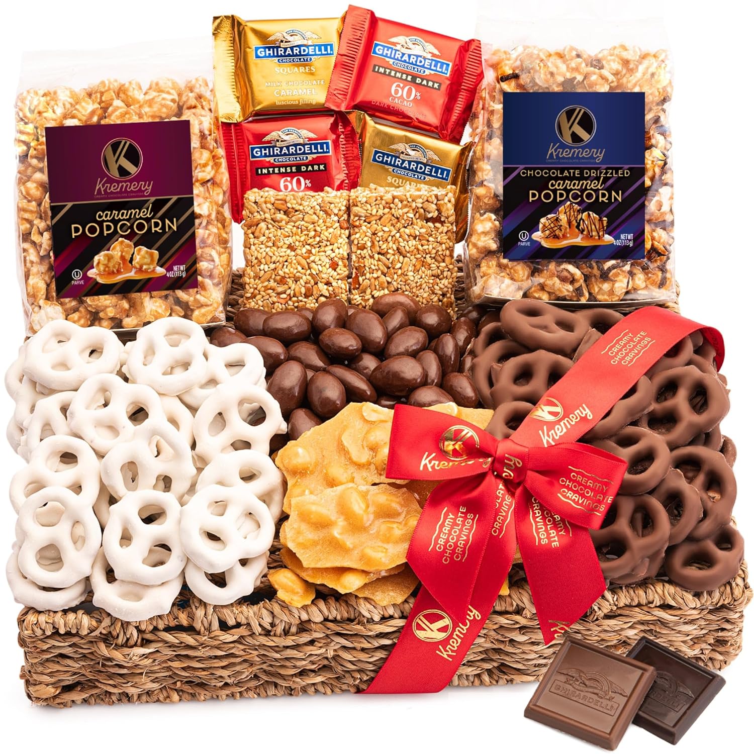 KREMERY Creamy Chocolate Cravings - Chocolate Covered Pretzels & Caramel Popcorn Gift Basket, in Seagrass Tray + Ribbon (Premium, 2.5 lbs) Birthday Care Package - Kosher Dairy, USA Made