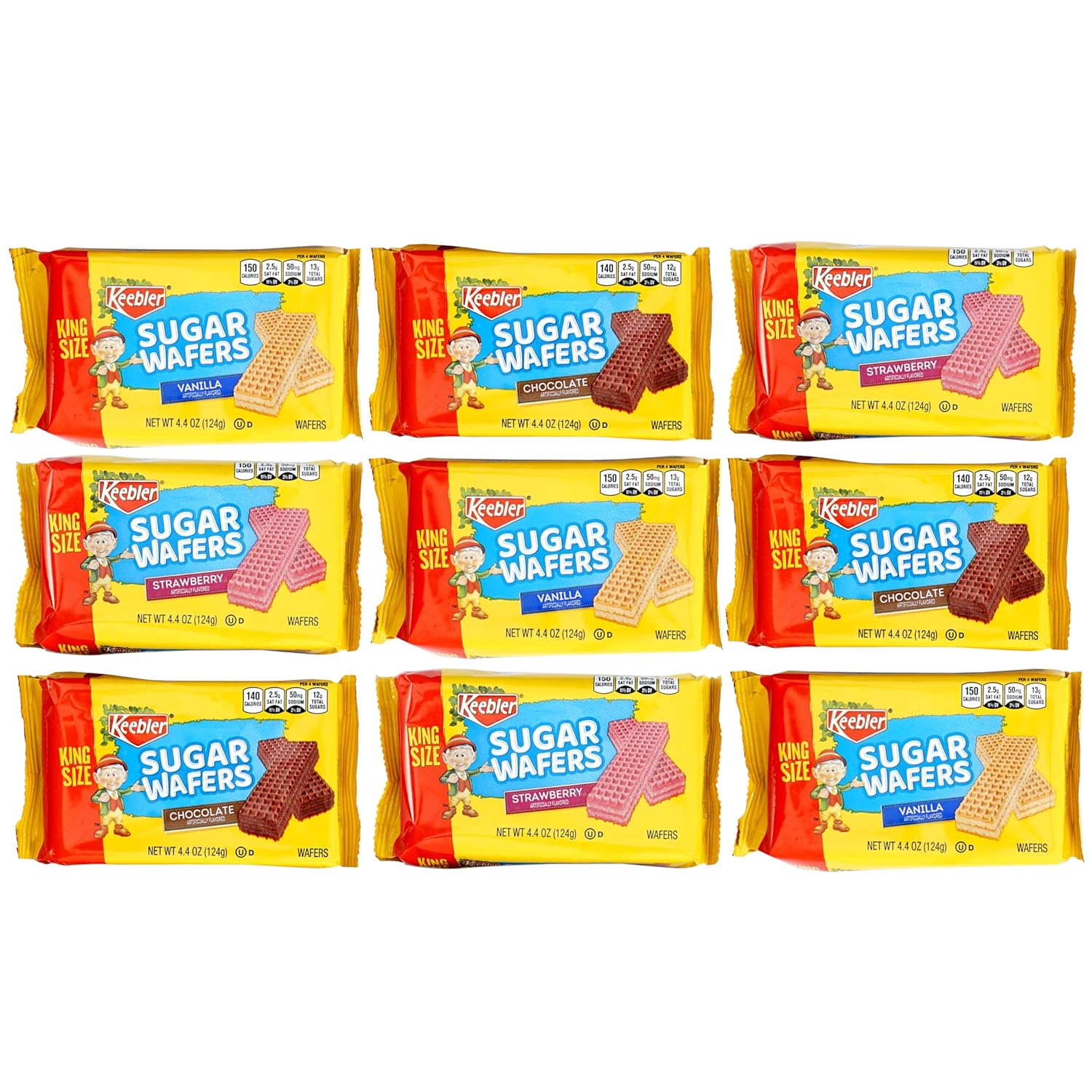 Keebler Sugar Wafers King Size 9 Count Variety Pack, 4.4oz Individual Wafer Cookies, Chocolate, Strawberry & Vanilla Wafers, The Hampton Candy Company