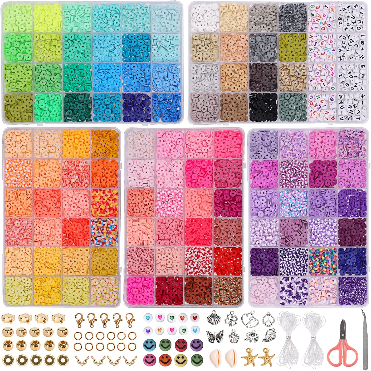 QUEFE 9470pcs Clay Beads Bracelet Making Kit, 112 Colors Polymer Beads Spacer Heishi Beads, Flat Preppy Beads for Jewelry Making Kit with Charms, DIY Crafts Gift