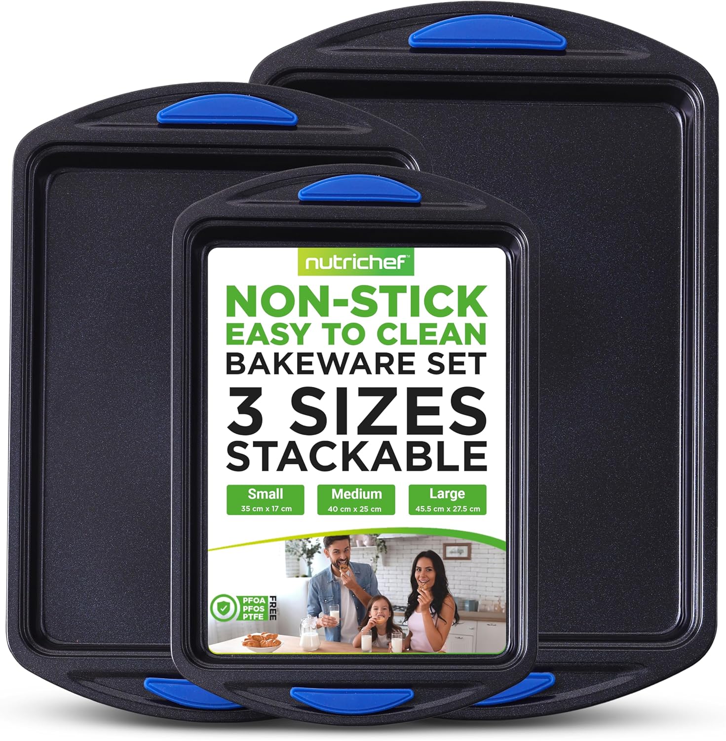 NutriChef 3-Piece Nonstick Cookie Sheets for Baking – Carbon Steel Stackable Bakeware Set w/Silicone Handles - Non Toxic Baking Pan - Durable & Wrap Resistance, Oven Safe - Easy cleanup